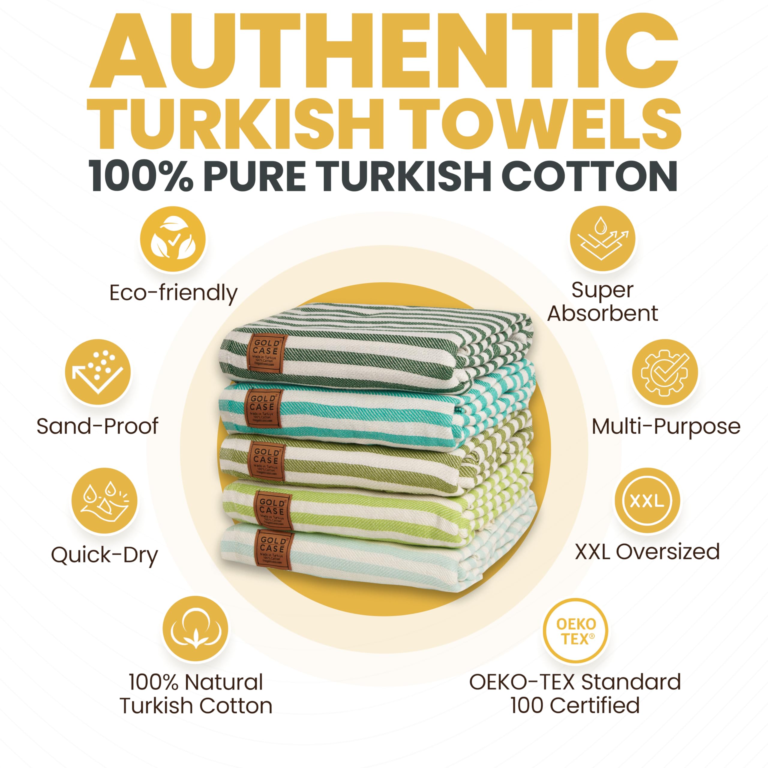 Gold Case Turkish Beach Towel Set Of 5-100% Cotton Beach Towels Oversized 71 X 40'' - Myra Extra Large Beach Towels - Quick Dry