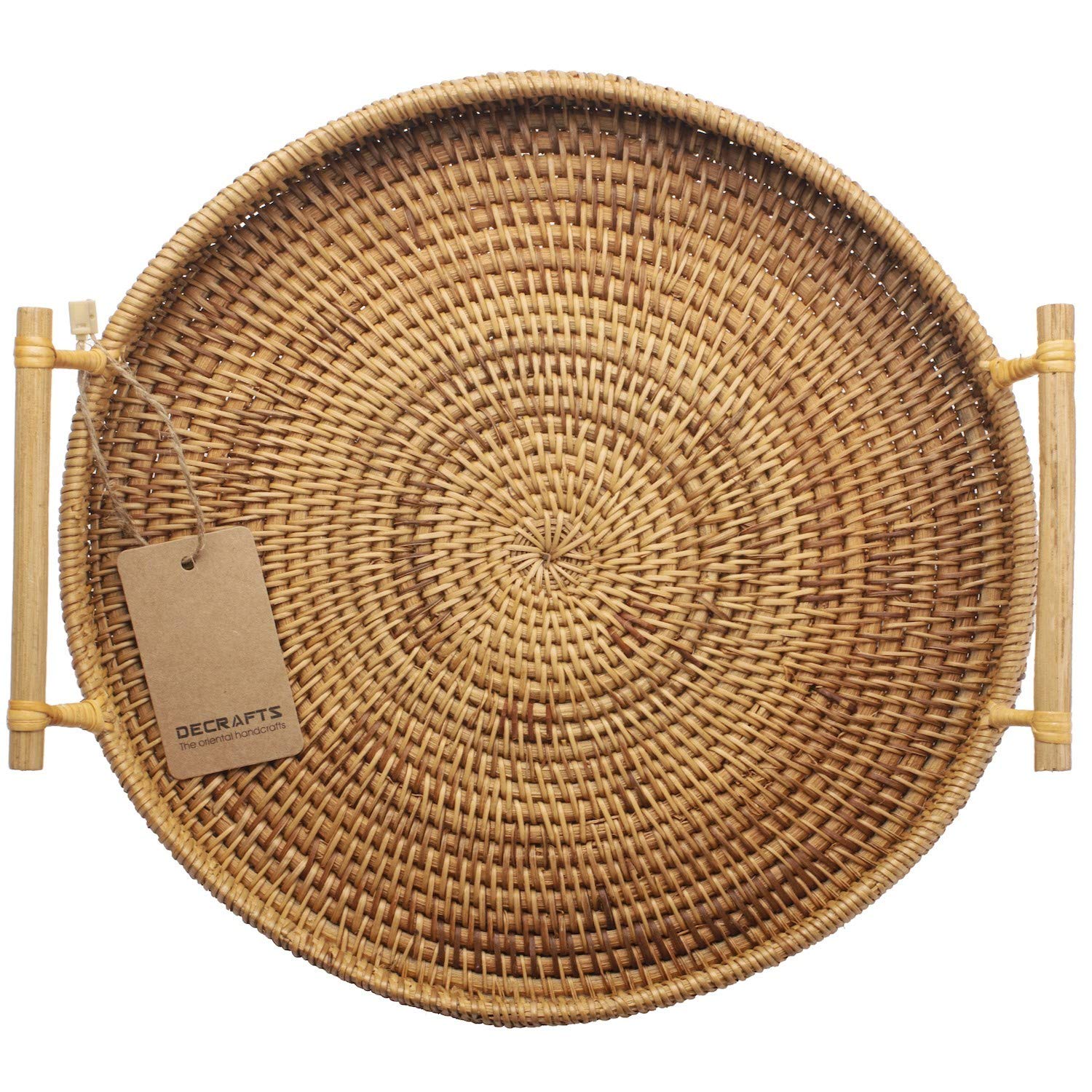 DECRAFTS Rattan Round Serving Tray Wicker Woven Bread Basket with Handles for Cracker Dinner Parties Coffee Table Breakfast (Nat