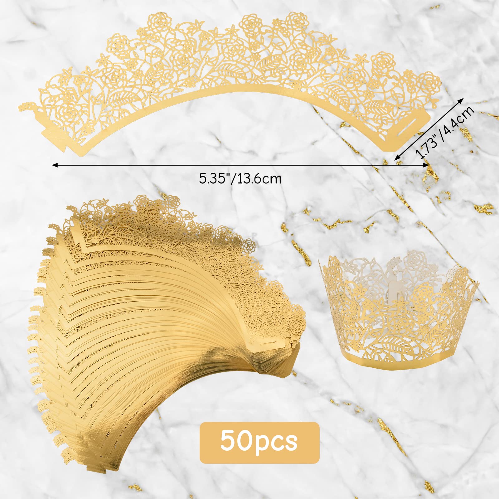Urroma Gold Rose Lace Cupcake Wrappers, Vine Lace Cupcake Liners Laser Cut Cupcake Liners For Weddings Birthdays Tea Parties