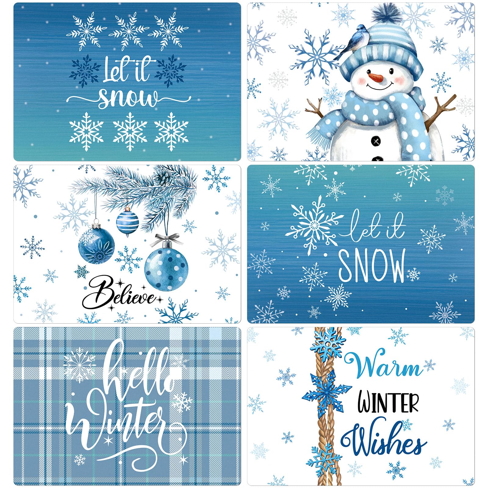 Gandeer Set of 6 Christmas Placemats 17 x 12 Blue Christmas Placemats Plastic Winter Snowman Snowflake Place Mats Wipeable Was