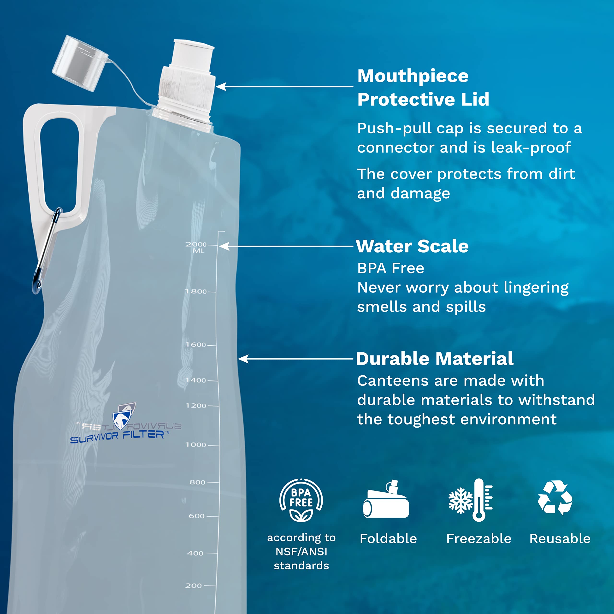 Survivor Filter Clear Collapsible Water Bottles - A Water Bladder with Durable Carabiners - Use with Our Straw Filter or as Foldable Water Bottles - BPA Free - 2 x 67oz (2L)