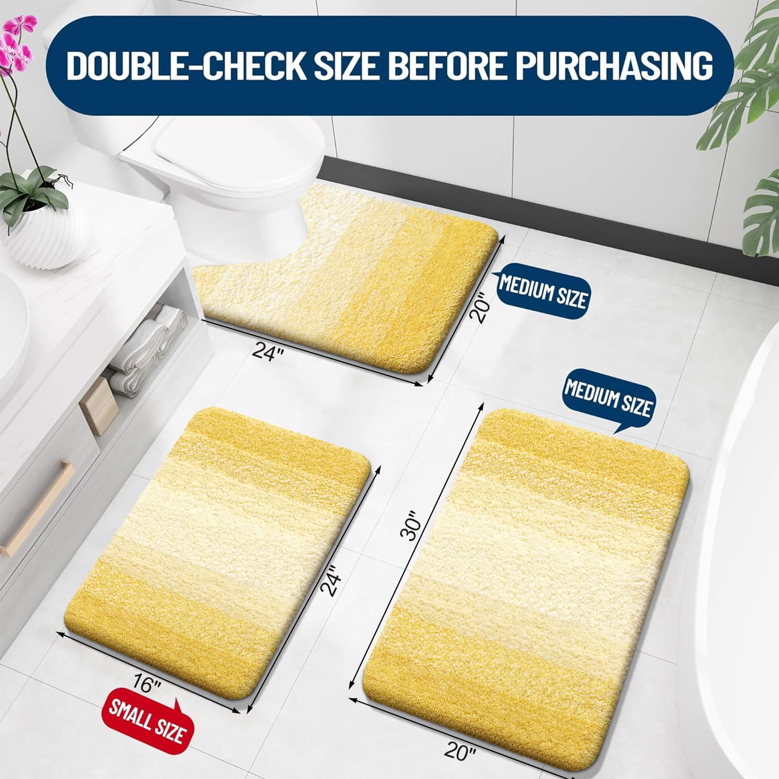 OLANLY Luxury Bathroom Rug Mat 47x20  Extra Soft and Absorbent Microfiber Bath Rugs  Non-Slip Plush Shaggy Bath Carpet Runner  Machine Wash Dry  Bath Mats for Bathroom Floor  Tub and Shower  Yellow