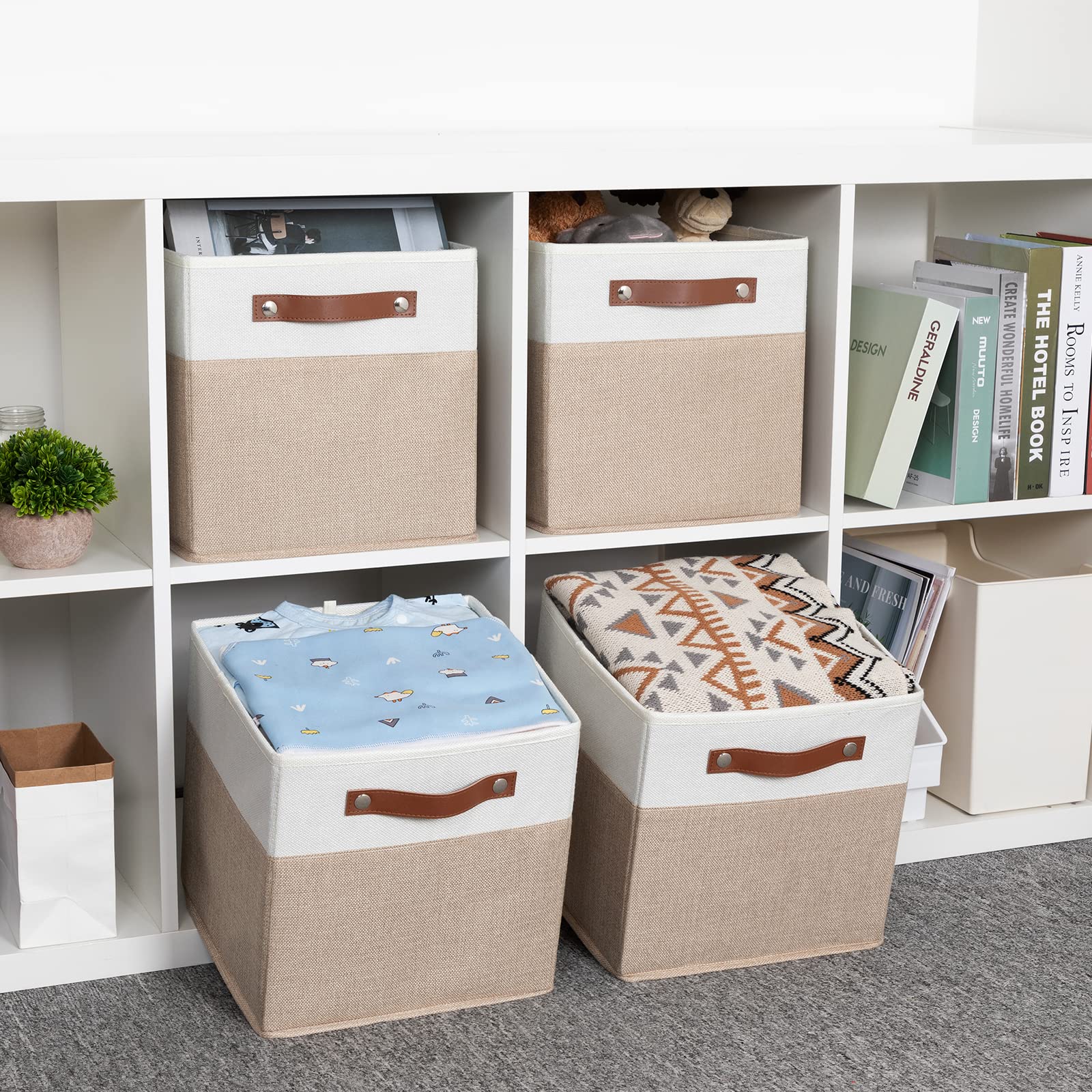 HNZIGE Fabric Storage Baskets Cubes Bins for Shelves  11 x11 Foldable Storage Bins  Decorative Storage Basket with Leather Handles for Storage Clothes Home Nursery(White Beige-4Pack)