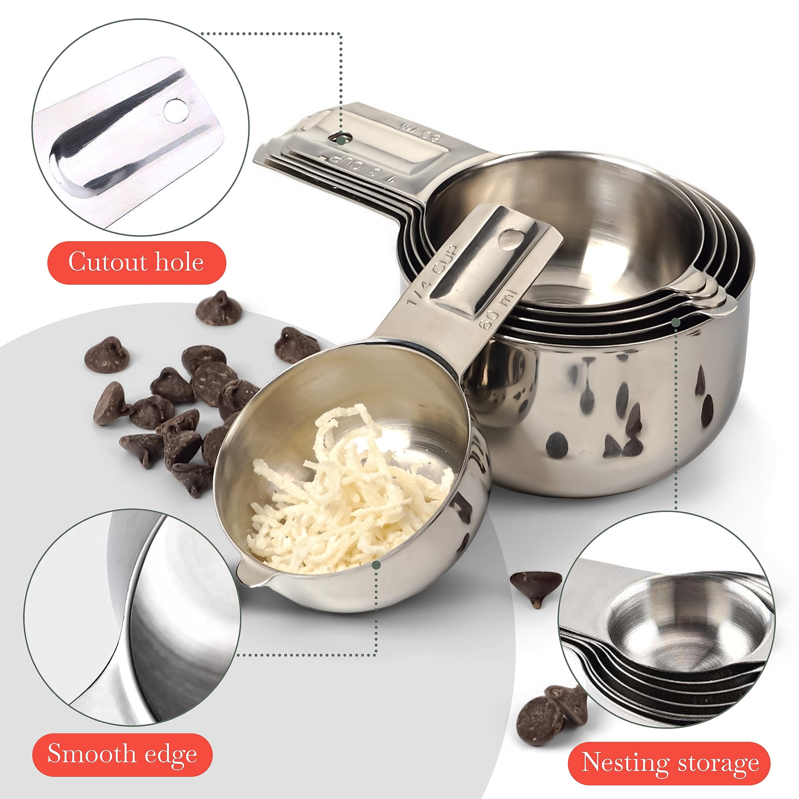 Bellemain One Piece Stainless Steel - Nesting Measuring Cups For Kitchen For Bakers , Dry - Ml & Oz Measuring Cup For Liquid, Me