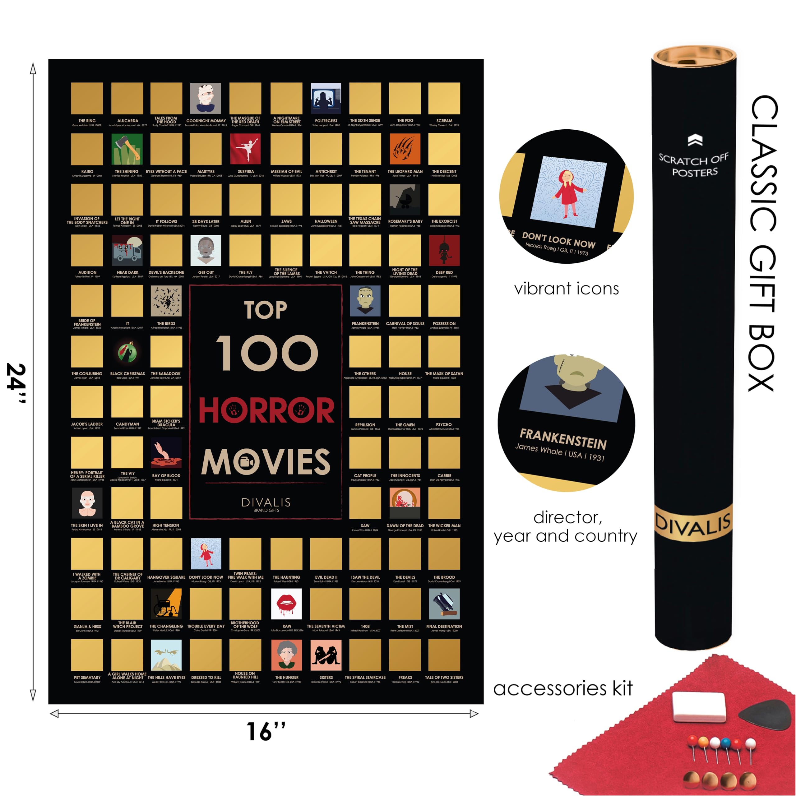 Top 100 Horror Movies Scratch Off Poster - Large Cinema Scratchable Poster - Horrors Of All Time Bucket List - Must See Movie Ch