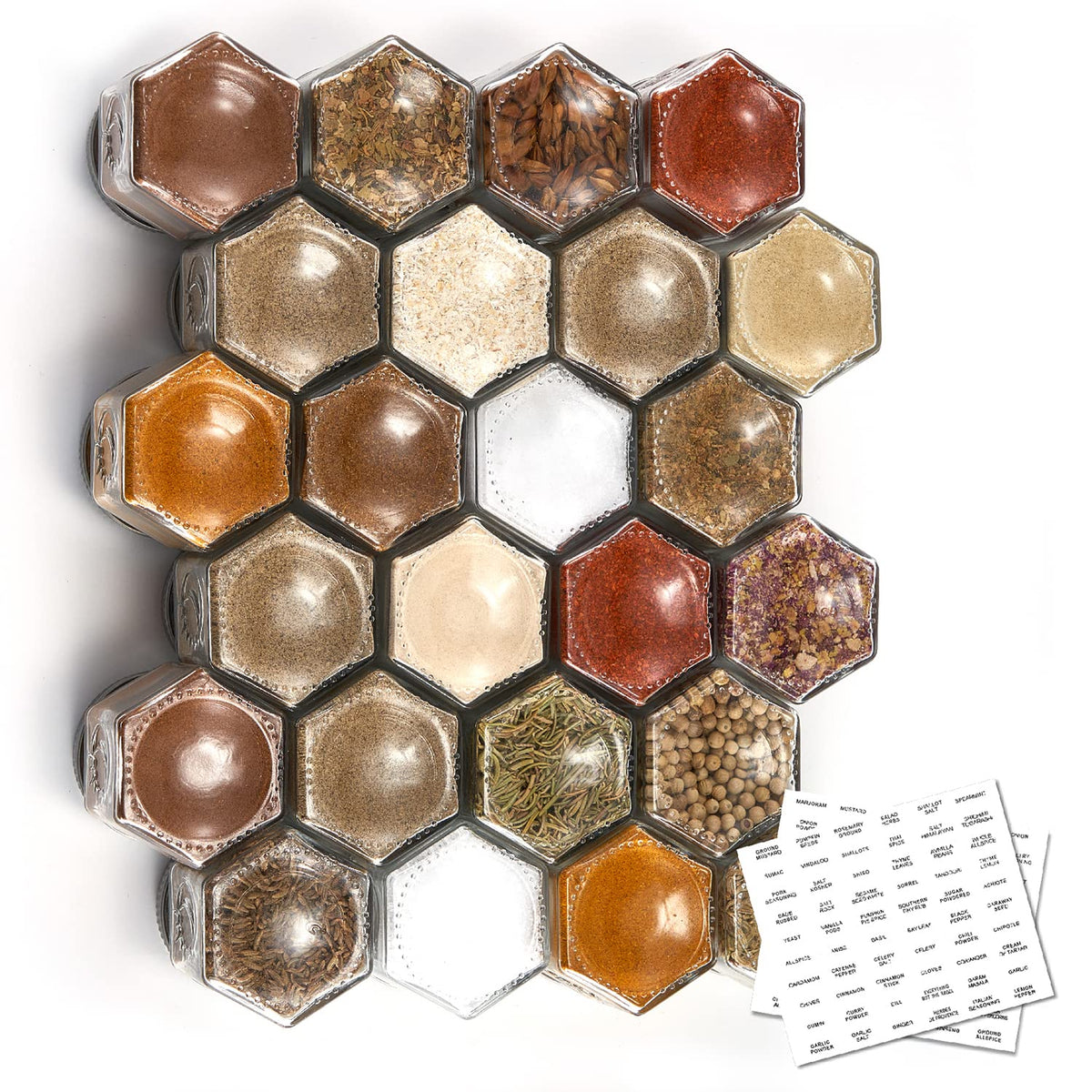Homazing Set of 24 Magnetic Spice Jars for Refrigerator, Hexagon Glass Magnetic Spice Jars with Shaker Lids and Labels for Kitch