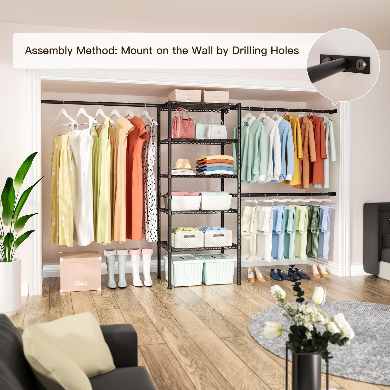 Ulif M2 Closet Organizer System, 5.9 Feet Height Mounted To The Wall Garment Rack With 4 Expandable Hanger Rods, 5 Shelves In 23