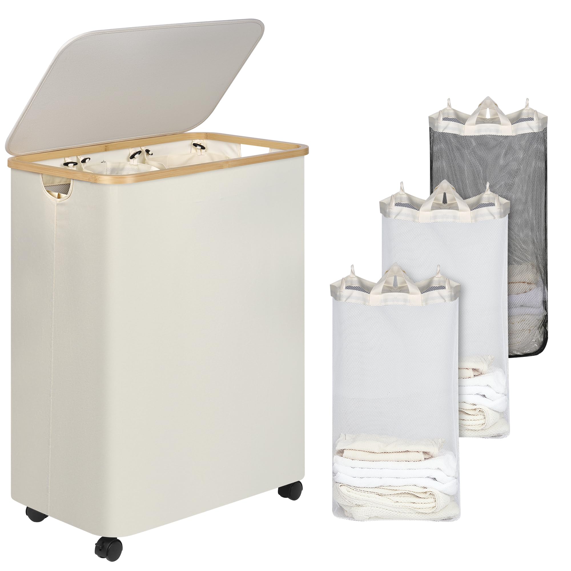 Iegrow Lagre Laundry Basket With Wheels, Laundry Hamper With Lid, 160L Clothes Hamper For Laundry With 3 Liner Bags, For Laundry