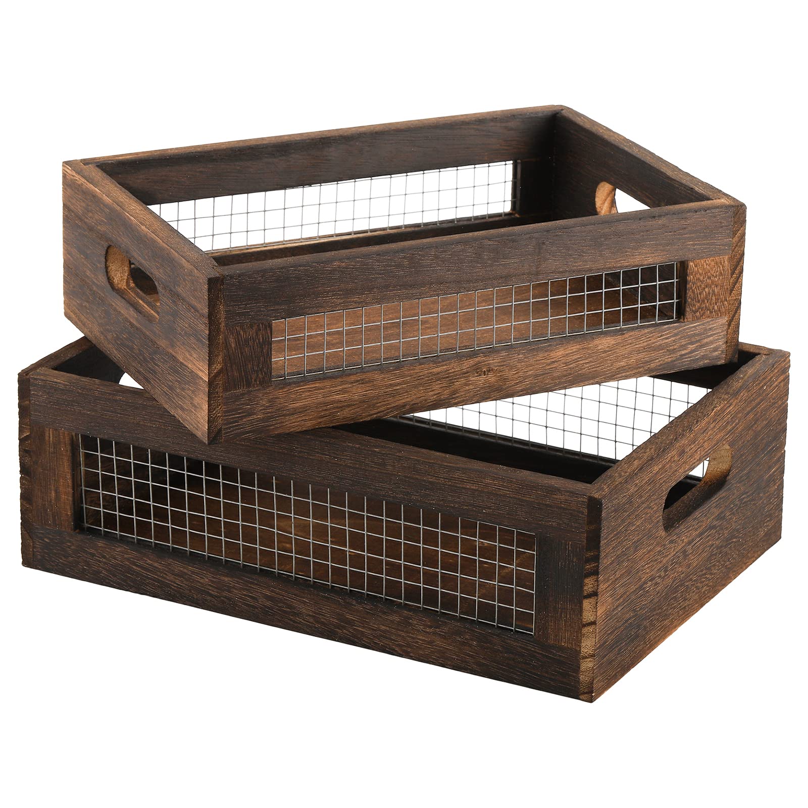 Dicunoy Set of 2 Rustic Nesting Boxes, Wooden Organizer Crates Basket, Small Decorative Wood Wire Containers with Handle for Cou