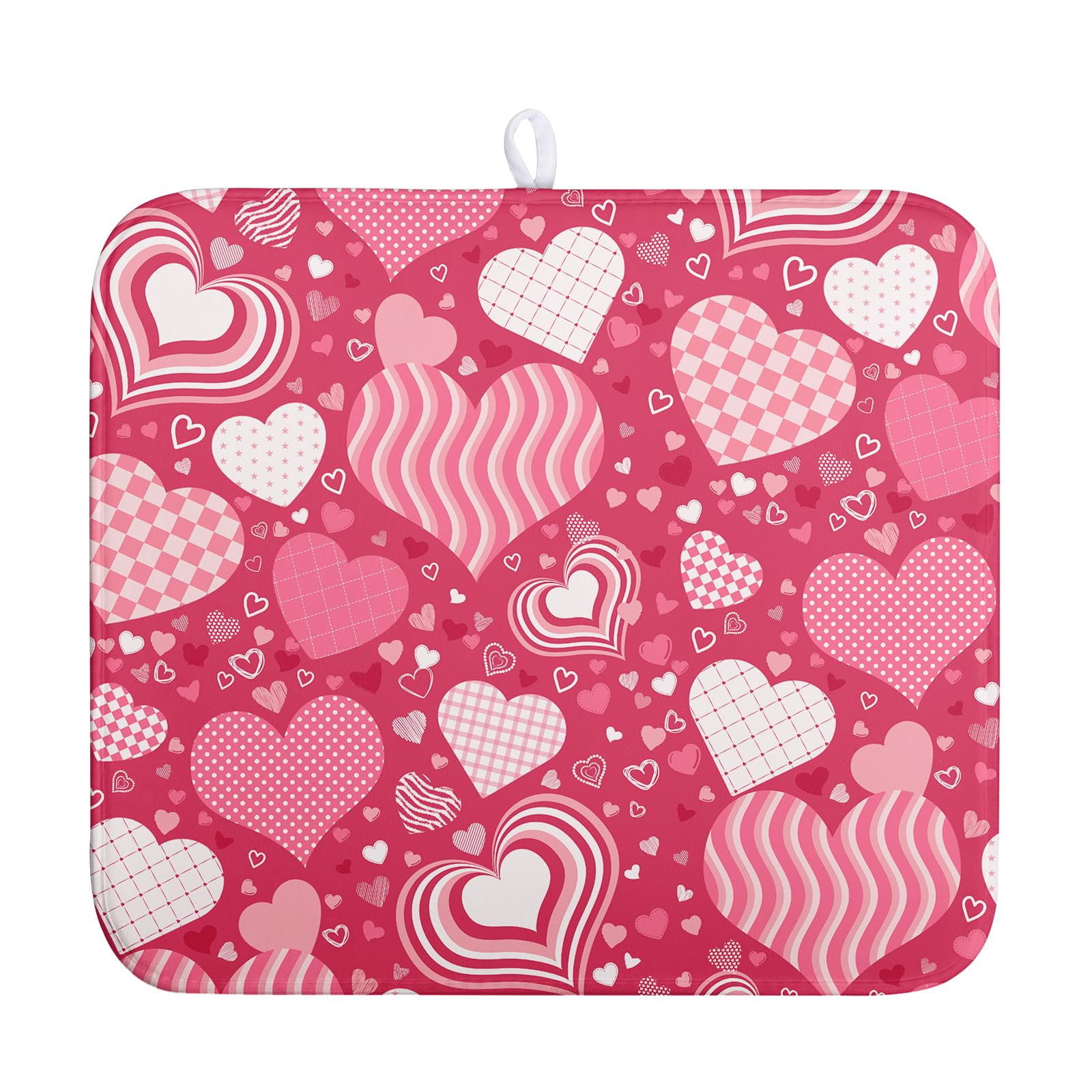 Valentines Day Red Pink Love Heart Drying Mat for Kitchen Counter - Absorbent Microfiber Dish Drainer Mats - Medium Drying Pad 