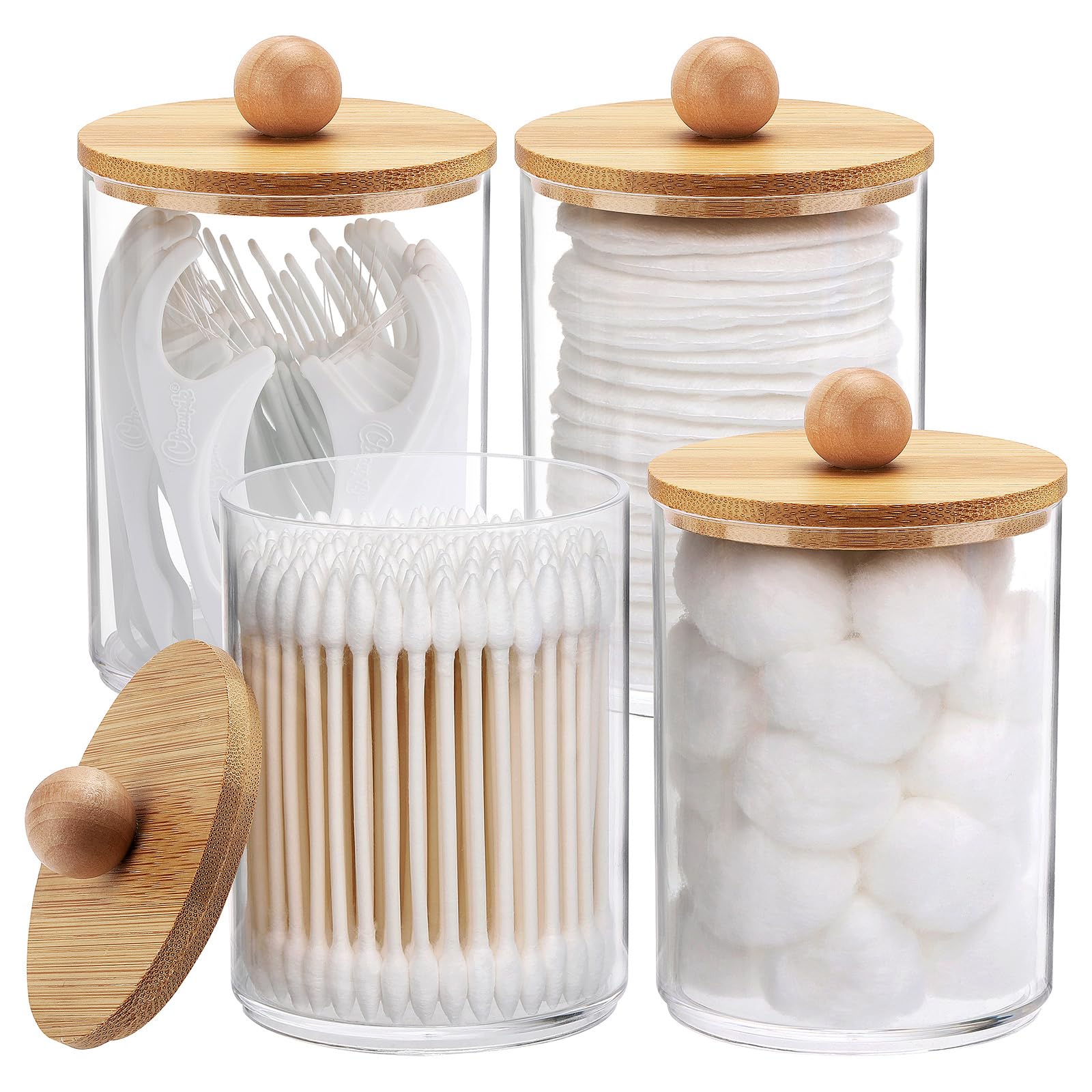 Tbestmax 4 Pack Qtip Holder, 10-Ounce Bathroom Organizer Accessories Storage Containers Clear Plastic Apothecary Jars with Bambo