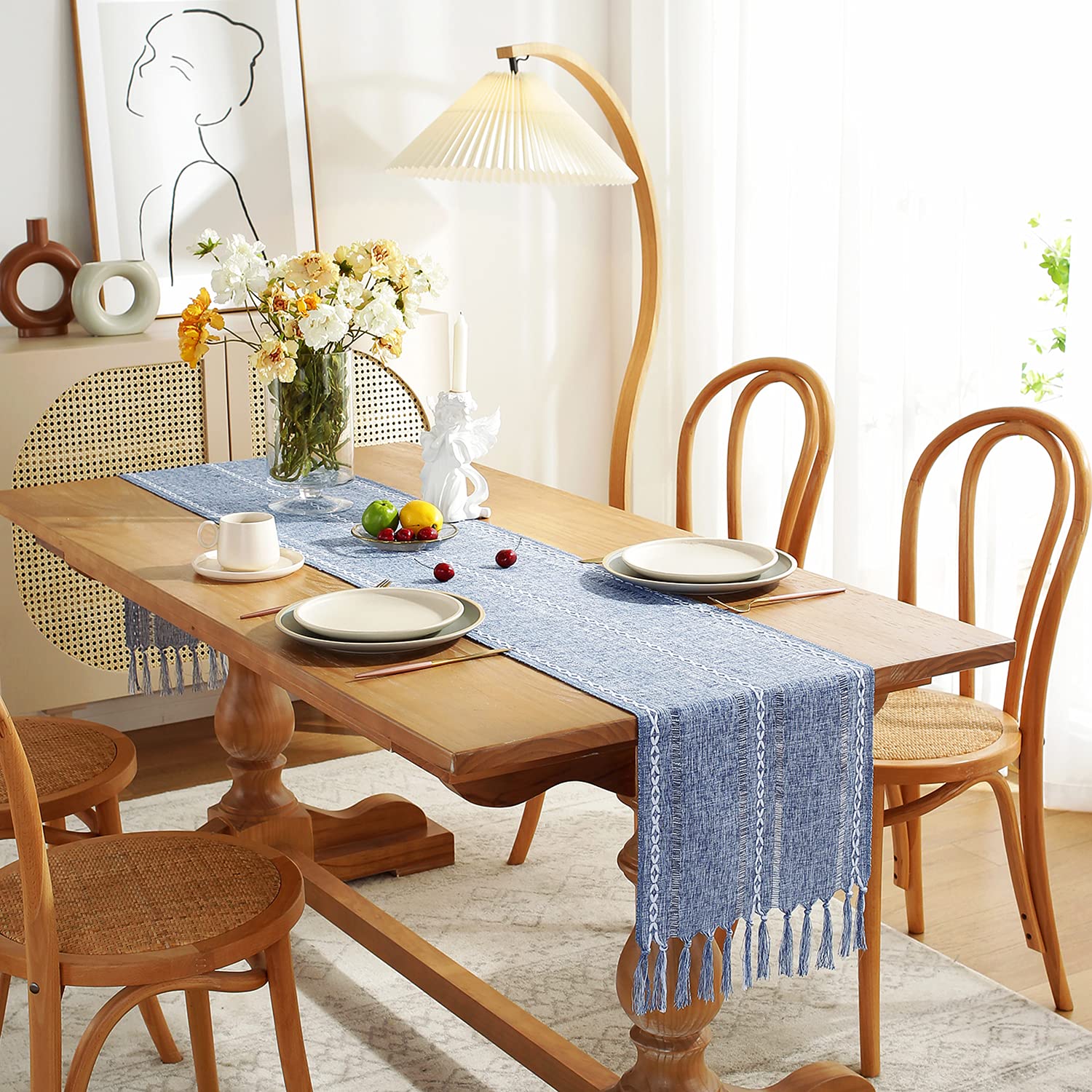 Rustic Farmhouse Style Linen Table Runner, Boho Handmade Tassel Hemstitched Embroidered Table Runners 60 Inches Long For Holiday