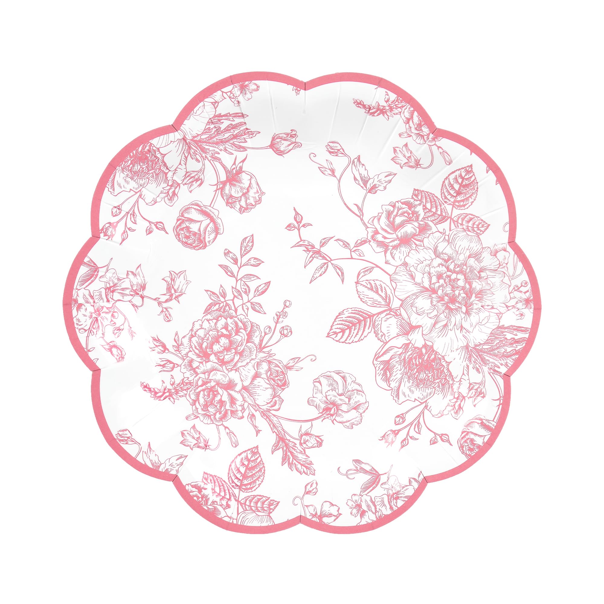 Elyxio Pink Floral Party Plates Vintage Floral Leaf Disposable Paper Plates Wildflower Pink Toile 7'' Scalloped Rim Dessert Plat