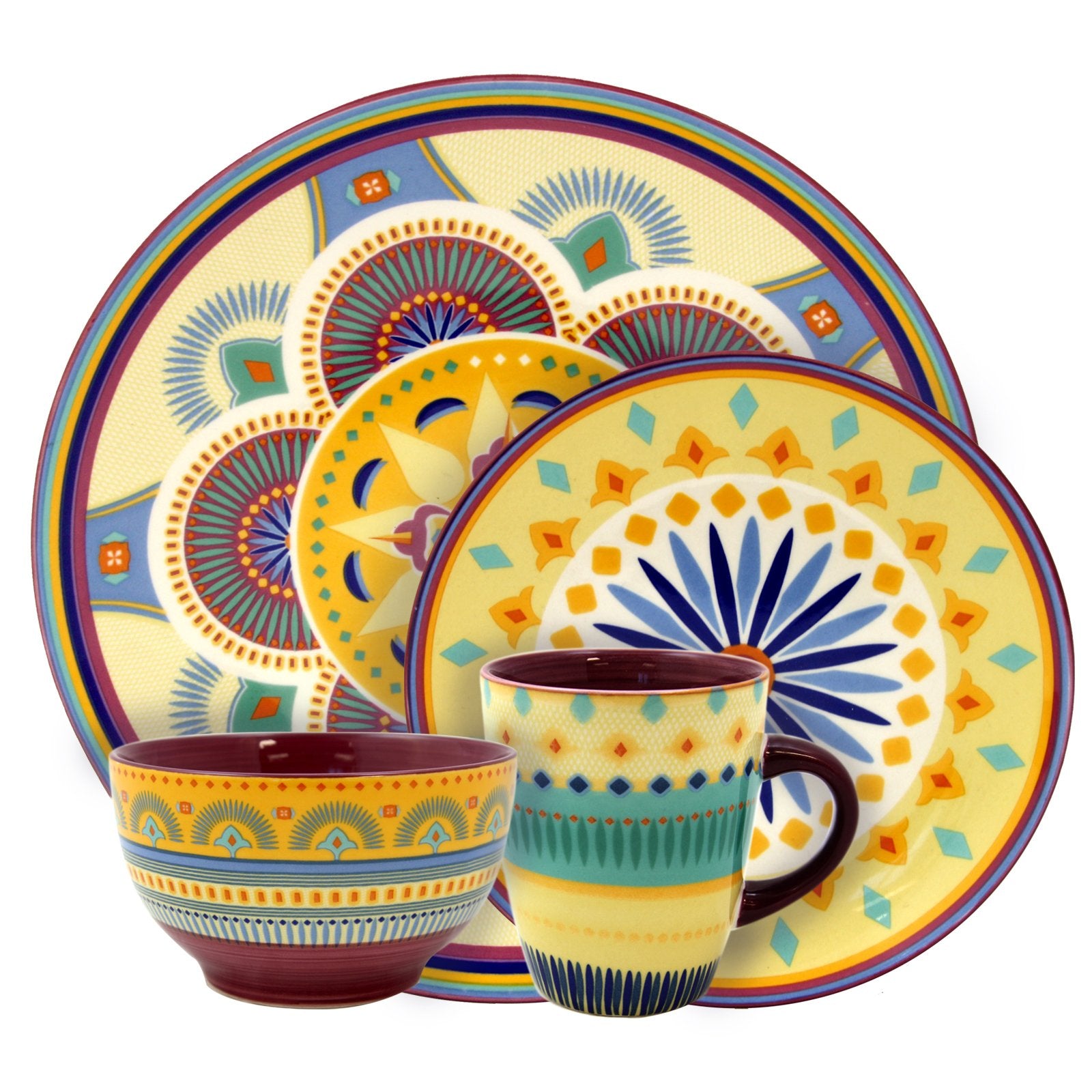 Elama Colorful Round Stoneware Pattern Dinnerware Dish Set, 16 Piece, Bright Yellow with Multicolor Accents