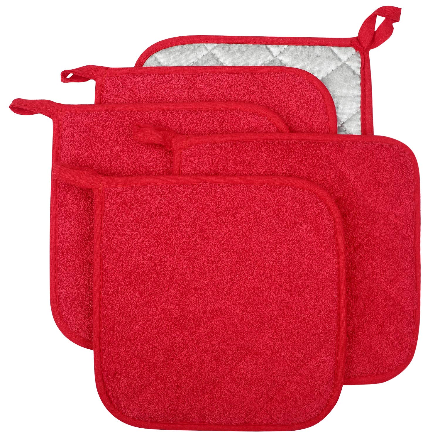 100% Cotton Kitchen Everyday Basic Terry Pot Holder Heat Resistant Coaster Potholder for Cooking and Baking Set of 5 Red