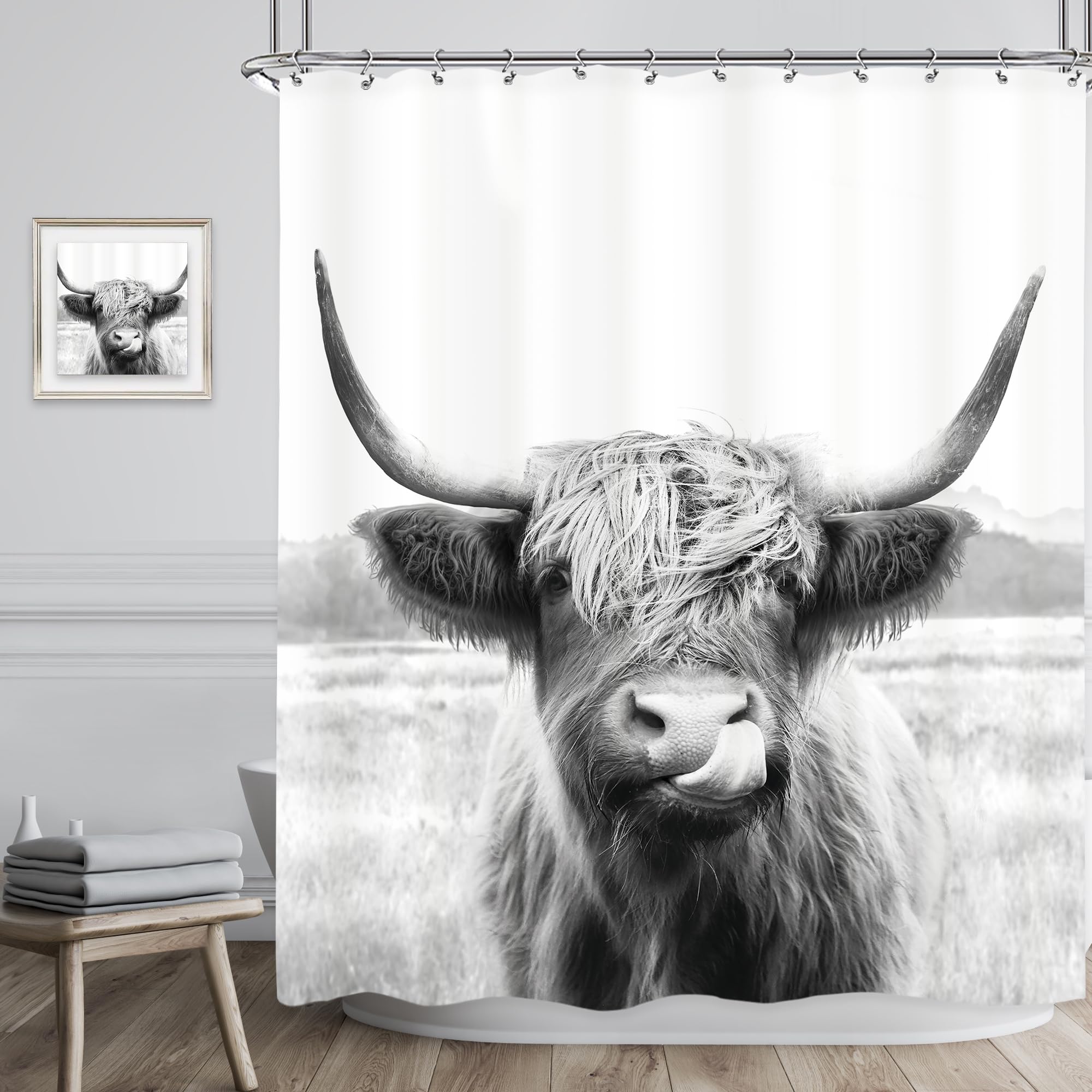 Riyidecor Farmouse Highland Cow Shower Curtain 60Wx72H Inch Western Wildlife Portrait Bull Animal Funny Country 12 Pack Plastic