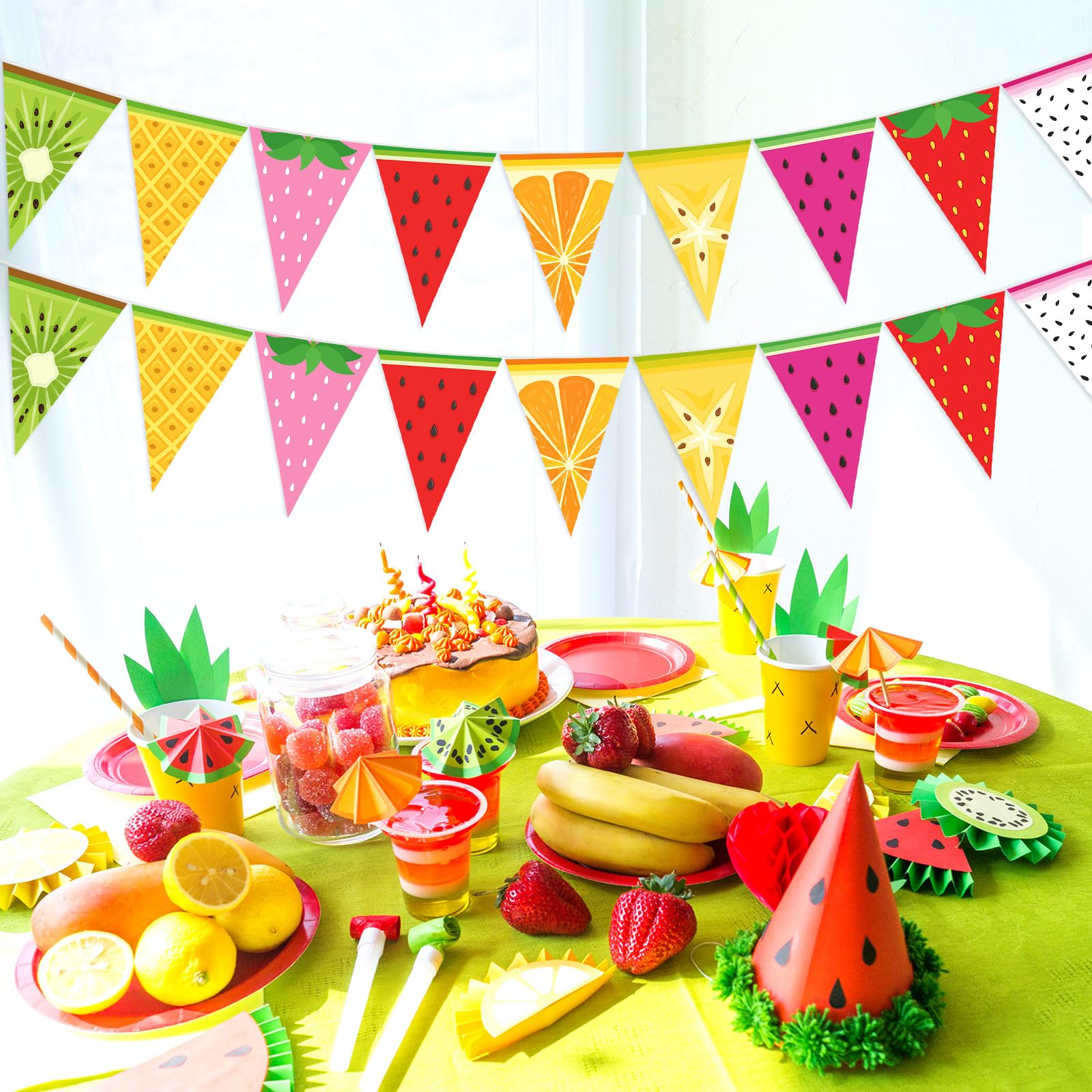 Gersoniel 5 Pieces Fruit Party Decorations Tropical Fruit Pennant Banner Bunting Pre-Strung Paper Triangle Flags Twotti Frutti T