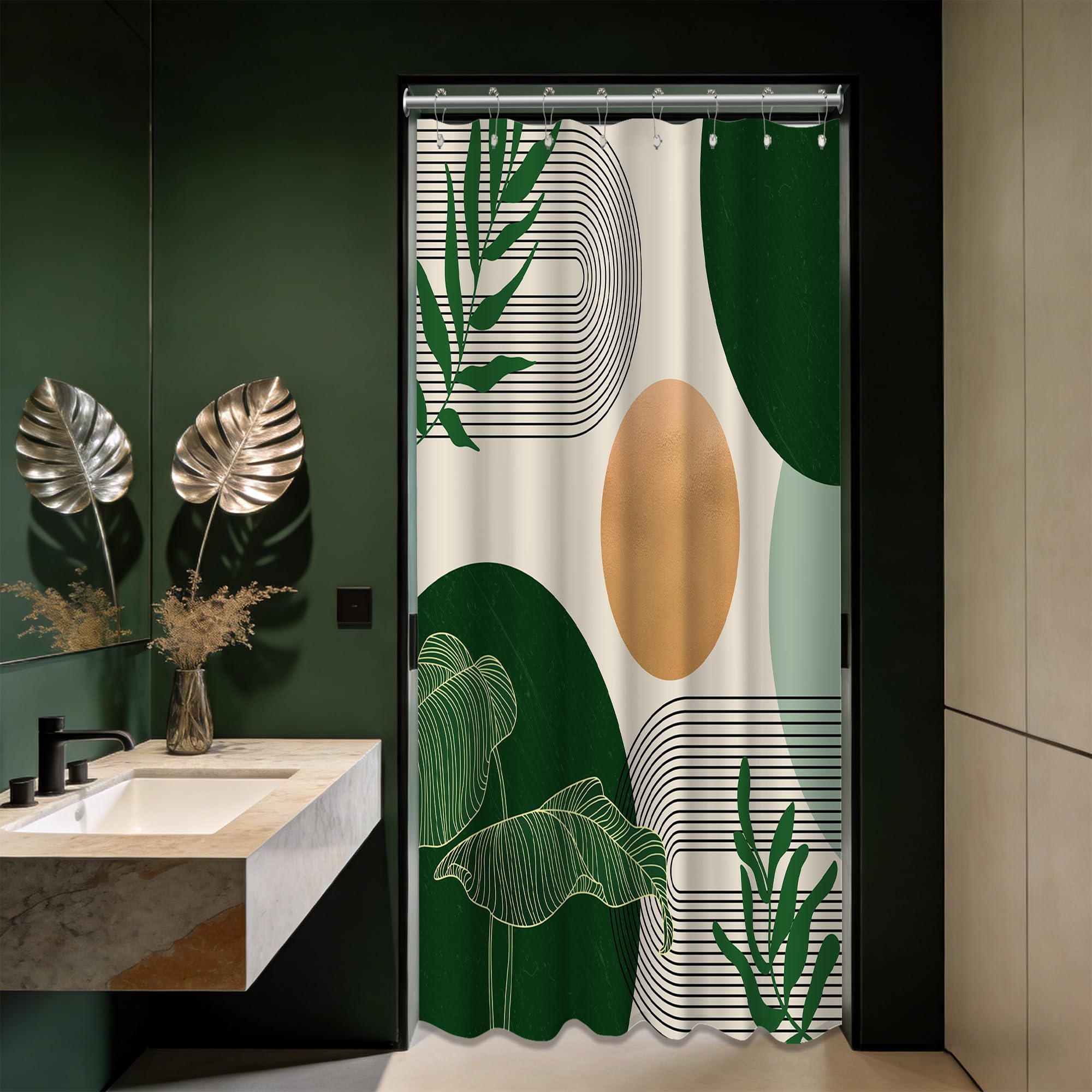 Keeuy Dark Green Shower Curtain Olive Green Emerald Mid Century Modern Shower Curtains For Bathroom Decor Boho Mcm Neutral Bath 