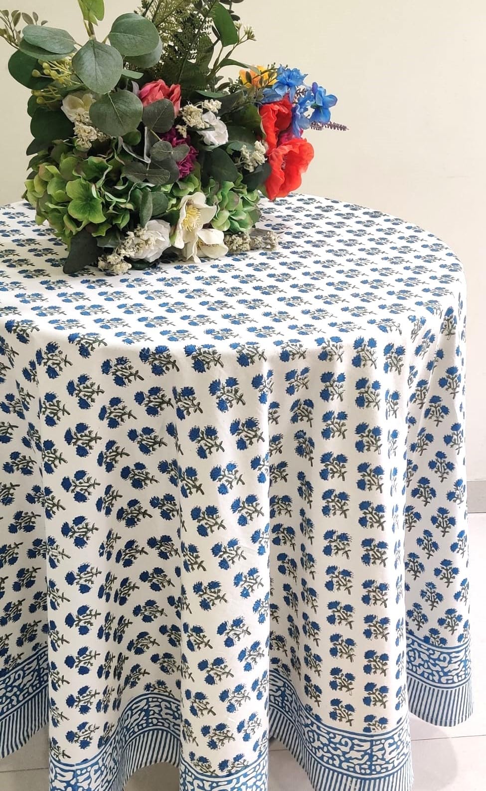 ATOSII Gulbahar Blue 100% Cotton Fall Round Tablecloth, Handblock Print Floral Table Cloth for Kitchen Dining Linen I Thanksgivi