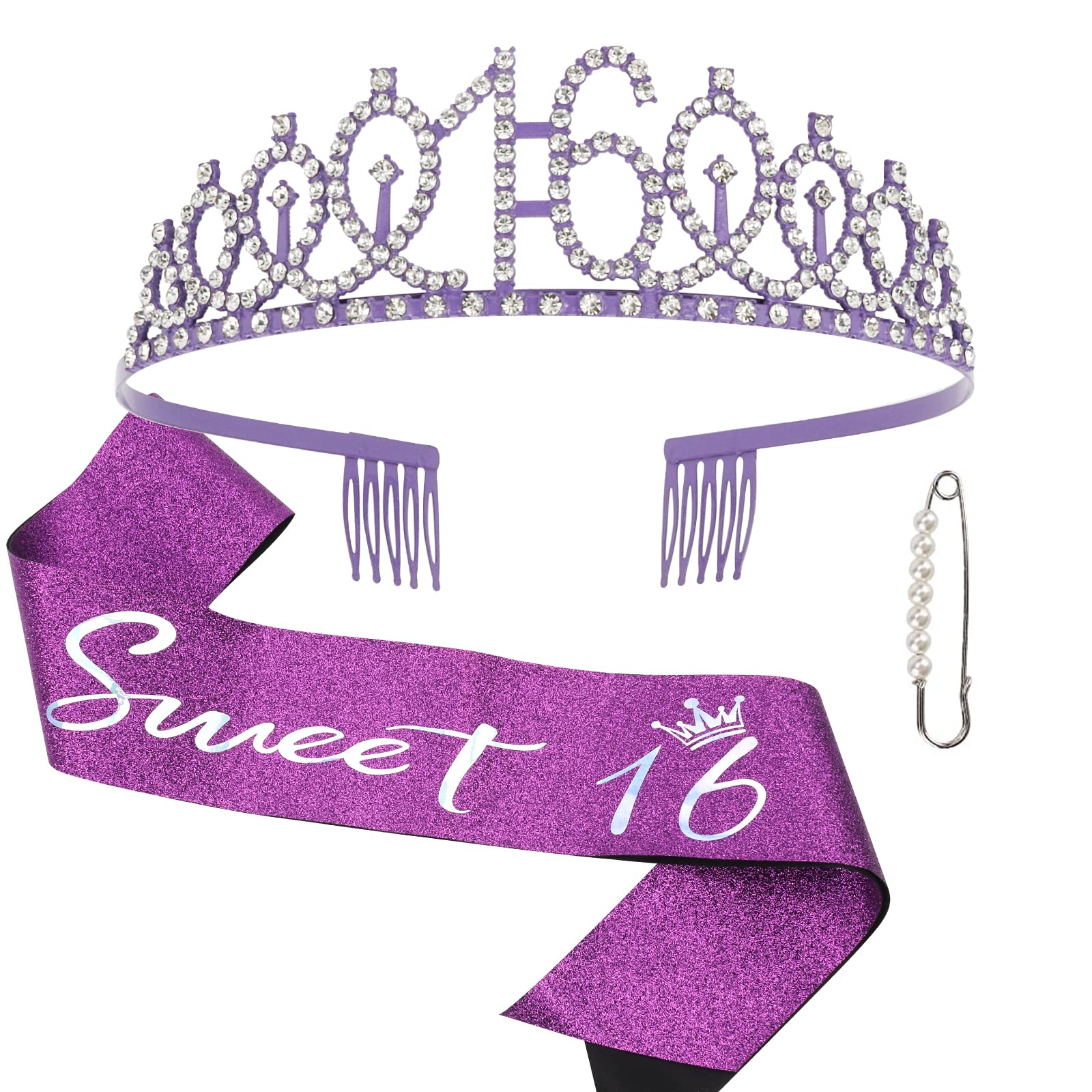 16Th Purple Crown And Sash Kit - Sweet 16 Party Decorations, Gifts, And Supplies For Girls (Purple)