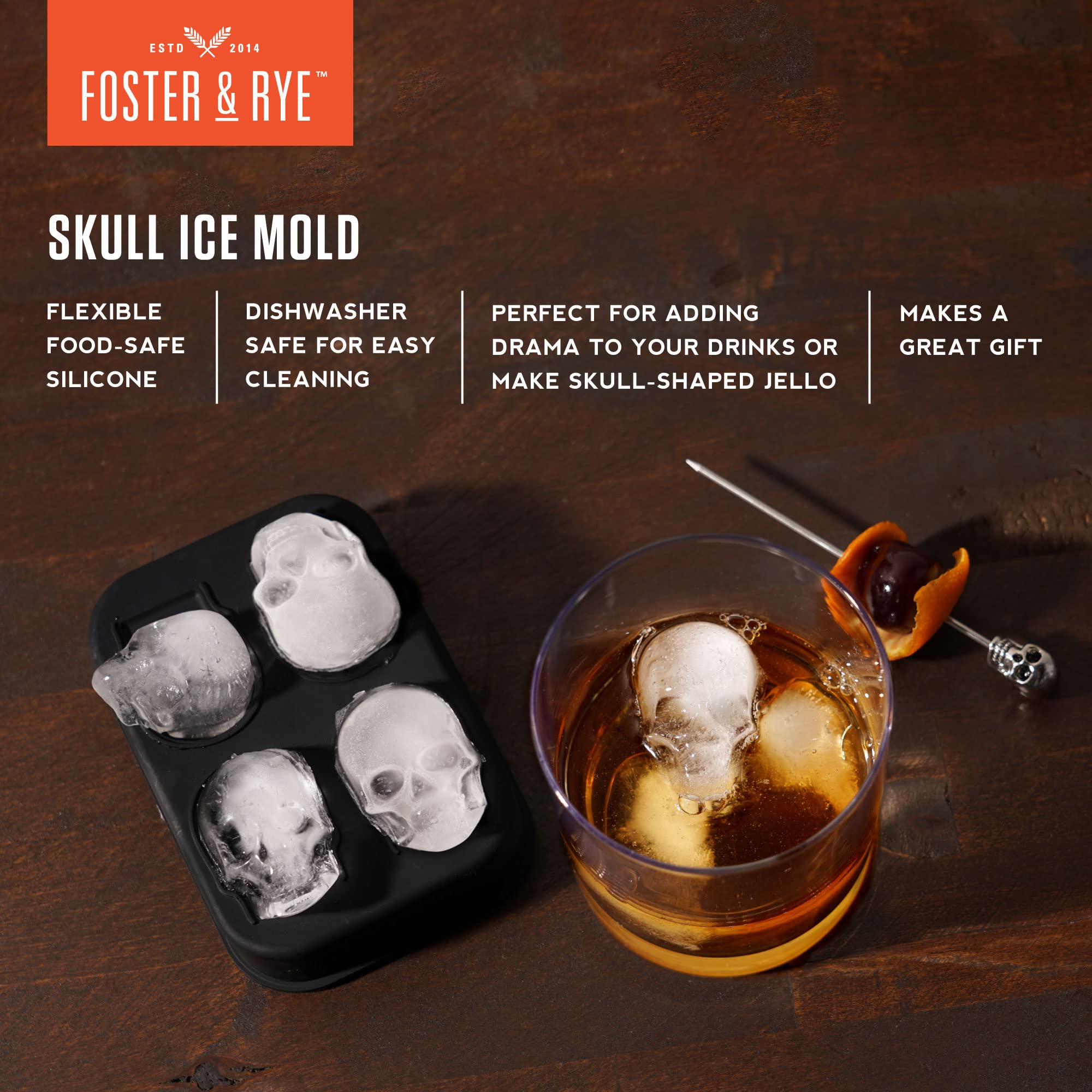 Foster & Rye Skull Ice Mold, Silicone Ice Tray, Black, Novelty Ice Mold, Food-Safe Silicone, Dishwasher Safe