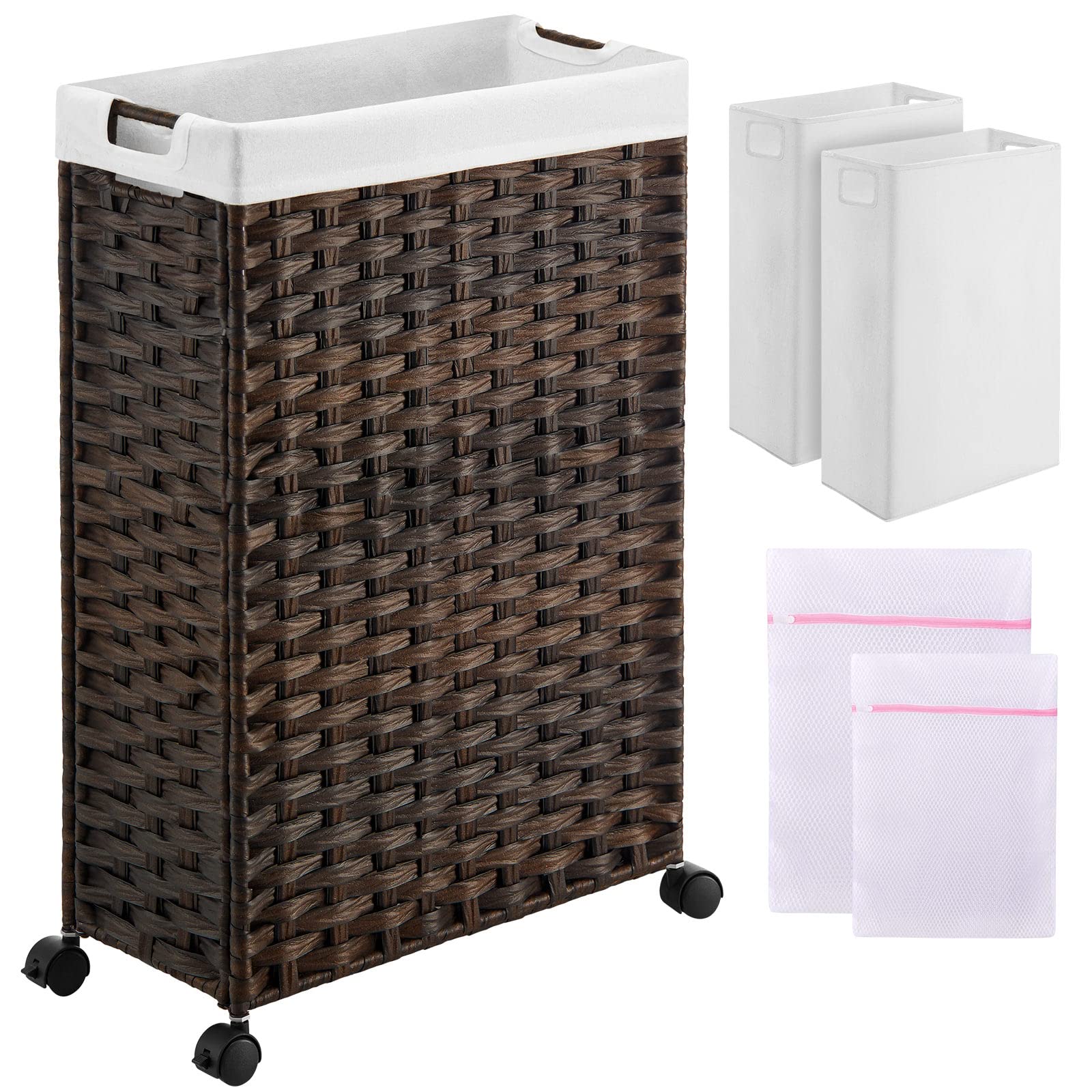 Greenstell Laundry Hamper With Wheels, 45L Slim Laundry Basket With 2 Removable Liner Bags & 2 Mesh Bags, Narrow Dirty Clothes B