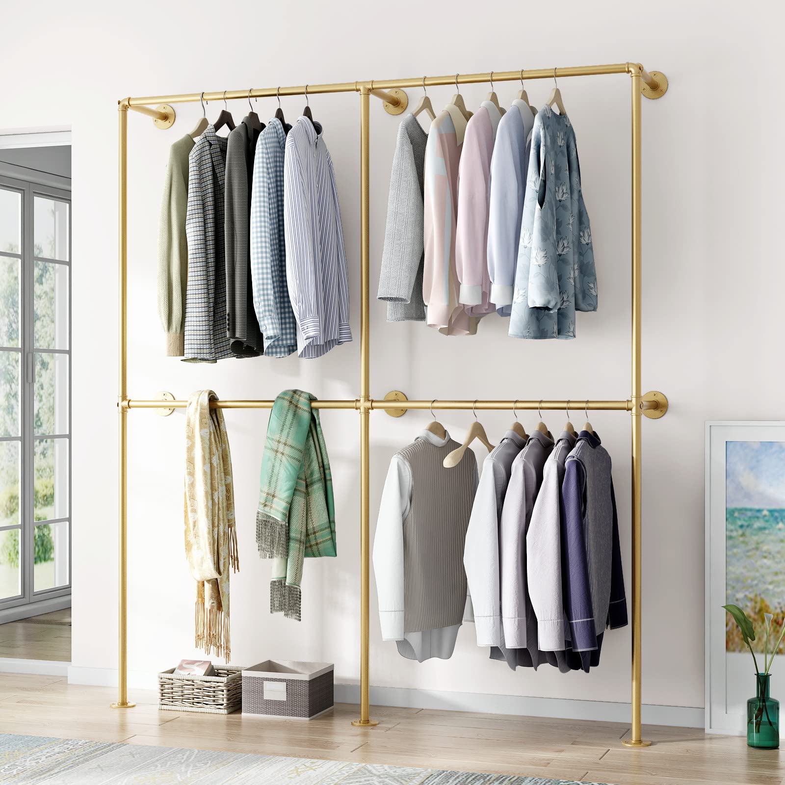 Ironjiazu Gold Wall Clothing Rack Wall Mount Clothes Rack,Heavy Duty Pipe Clothing Rack Retail Display Hanging Rod For Closet St
