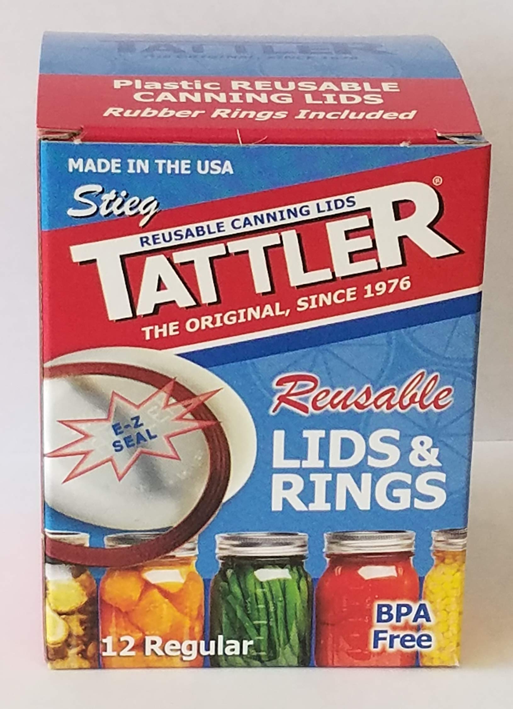 Authentic Tattler E-Z Seal Reusable Canning Lids - Regular Mouth - 1 Dozen (12) Plastic Lid/Rubber Ring - MADE IN THE USA!