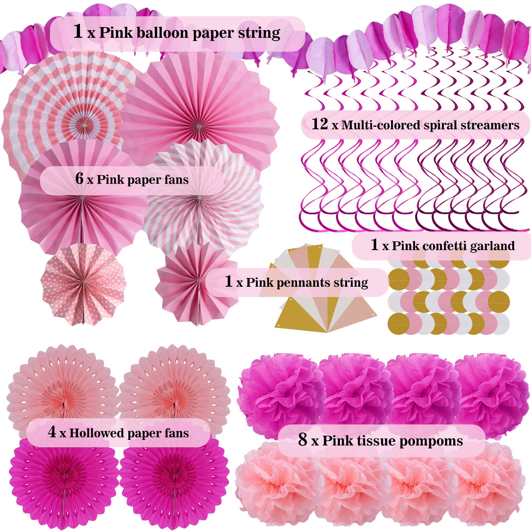 Huryfox Pink Party Decorations - 33pcs Hanging Paper Fans, Rainbow Paper Pom Poms, Fiesta Bunting and Tissue Streamers for Birth