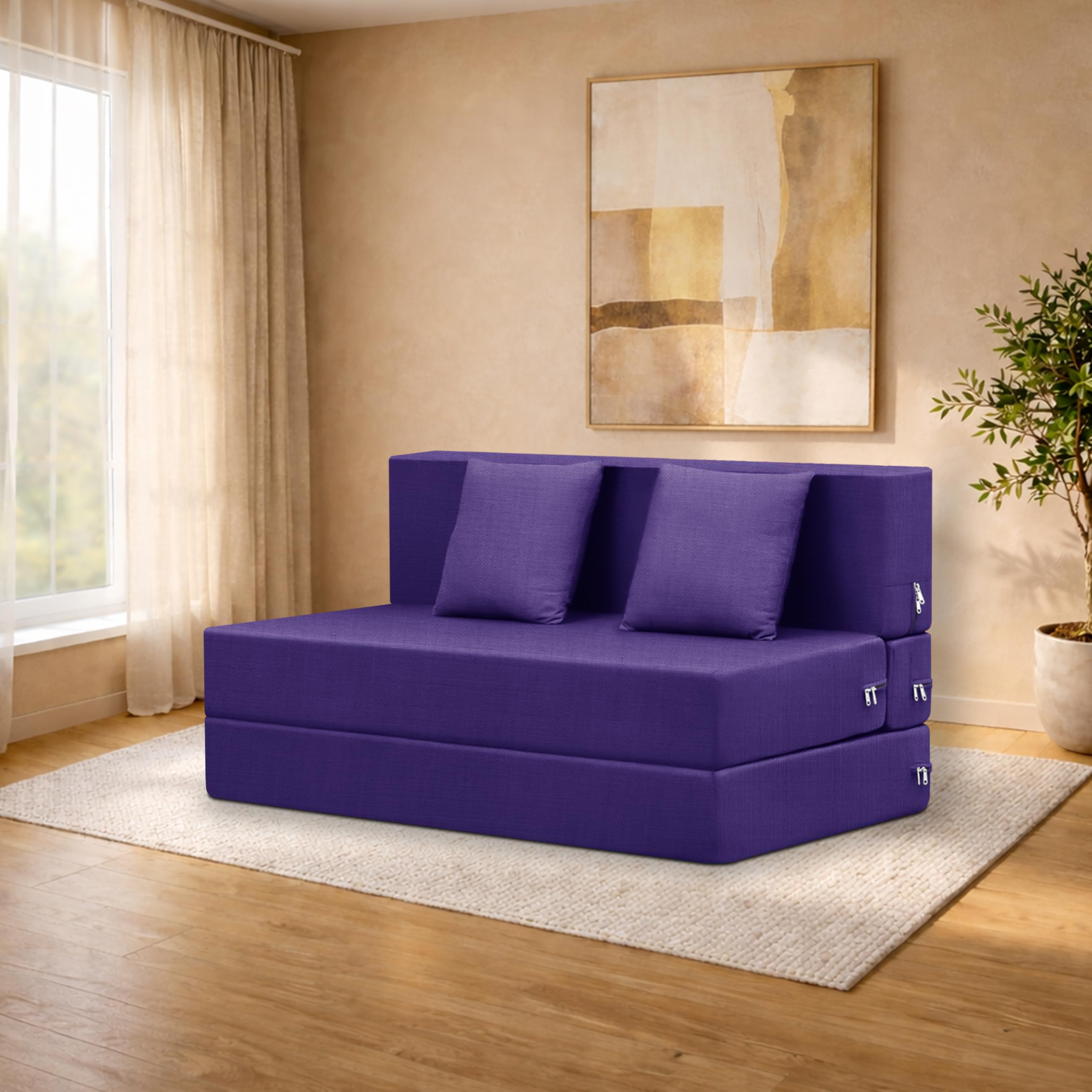 Deco Studio TwoSeater Sofa Cum Bed Foldable Sofa Cum Bed Washable & Zipper |Jute Finish Fabric  Purple | 4 X 6 Feet