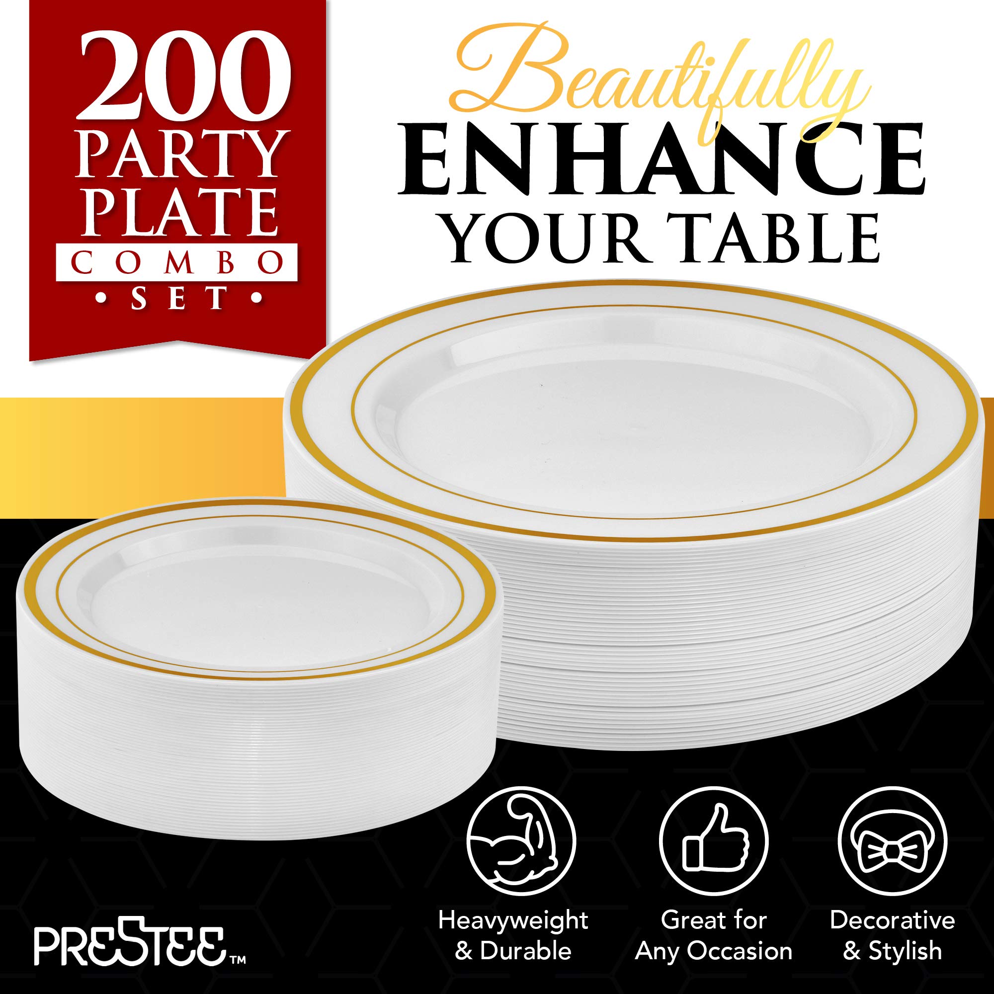 Prestee 200Pc Gold Plastic Plates - 100 Dinner Plates & 100 Salad Plates, White + Gold-Rimmed Party Plates Disposable Heavy Duty
