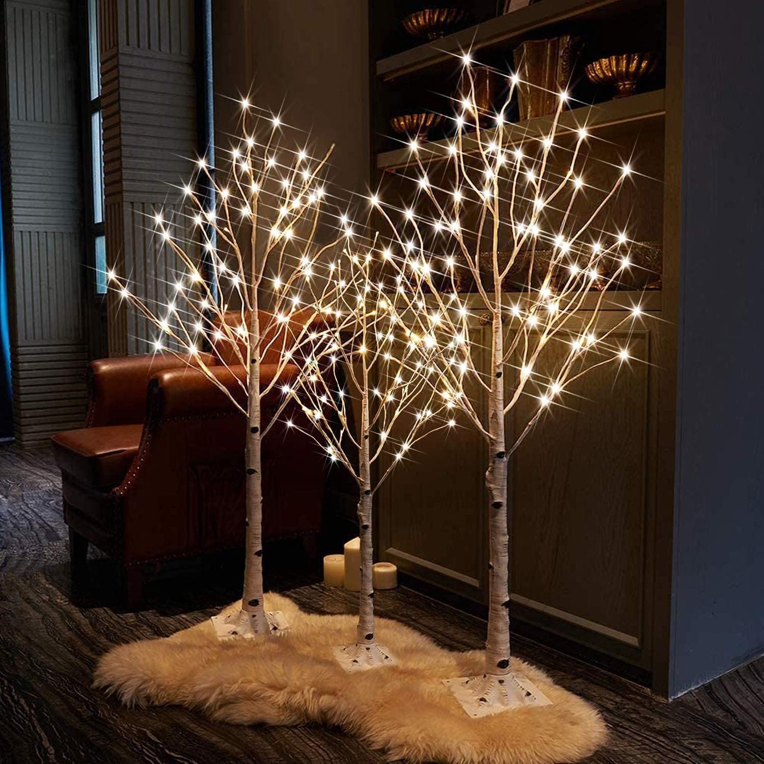 MIERES Lighted Birch Tree for Christmas Decor, Pack of 3 Prelit Christmas Tree 4ft 5ft 6ft, Warm White Christmas Tree for Indoor
