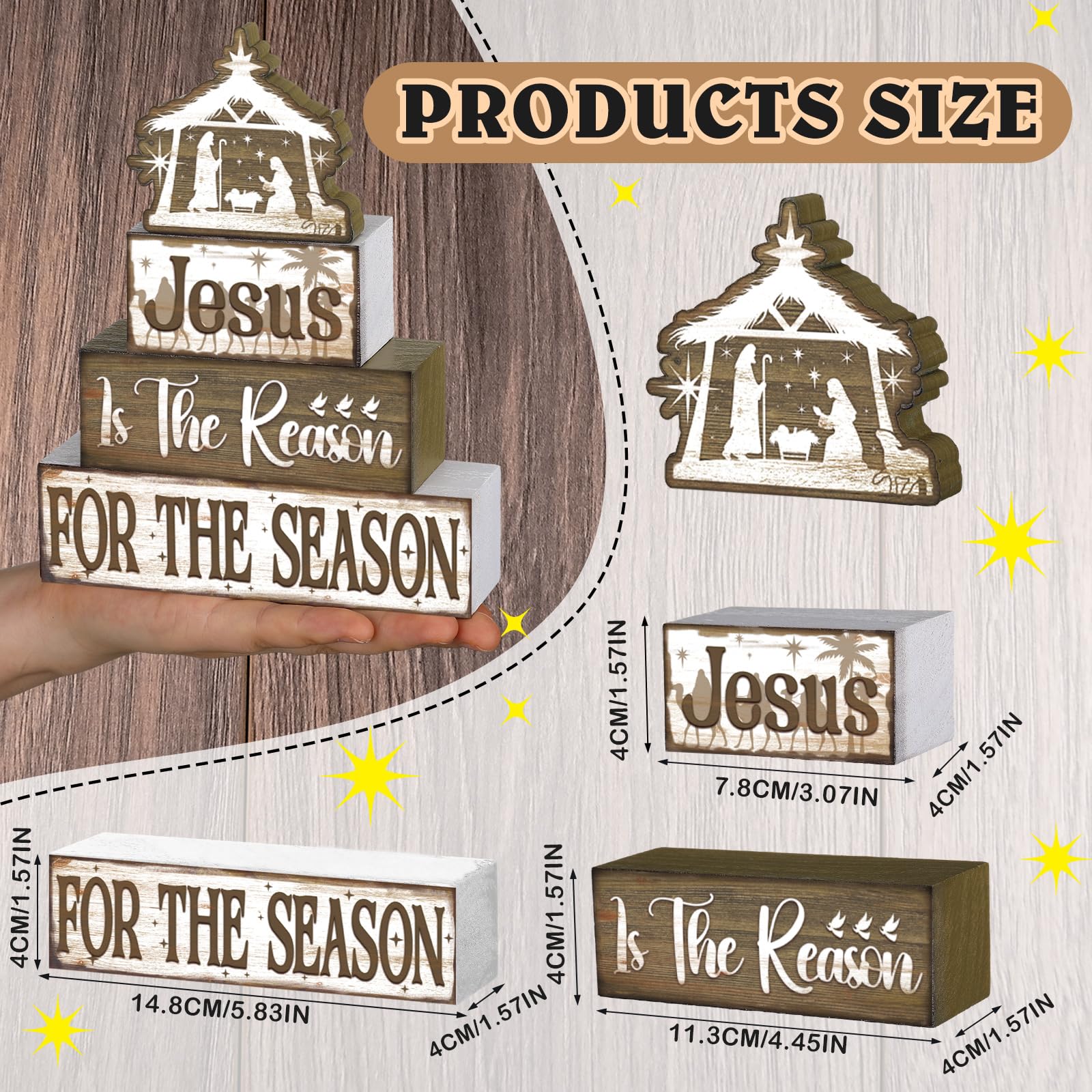 Moucuny 4 Pcs Christian Religious Table Decor Jesus Is The Reason for The Season Wooden Decorative Signage Christmas Tiered Tray