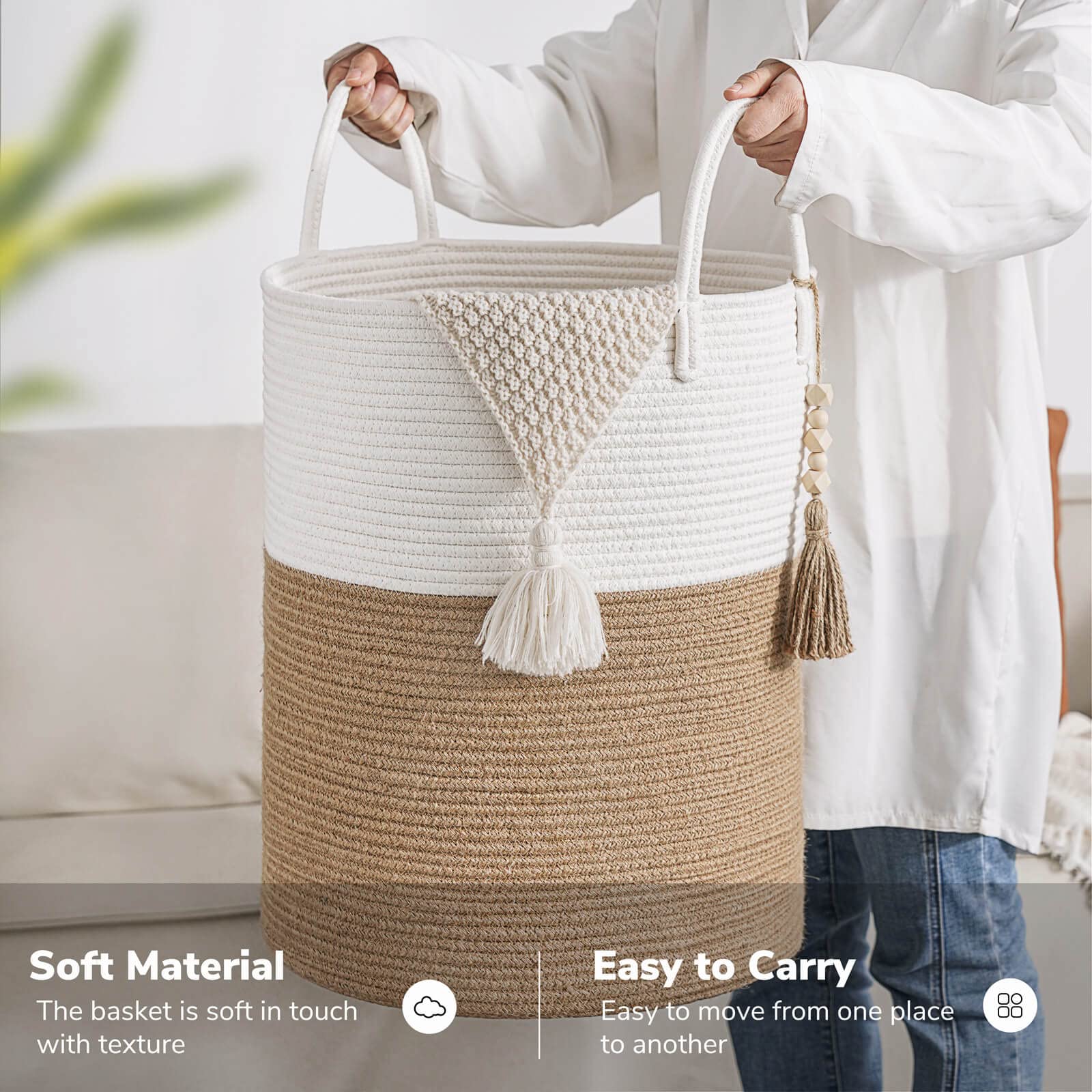 Goodpick Woven Laundry Basket Decorative Blanket Basket For Living Room, Tall Storage Basket For Clothes, Toys, Towels, Wicker L