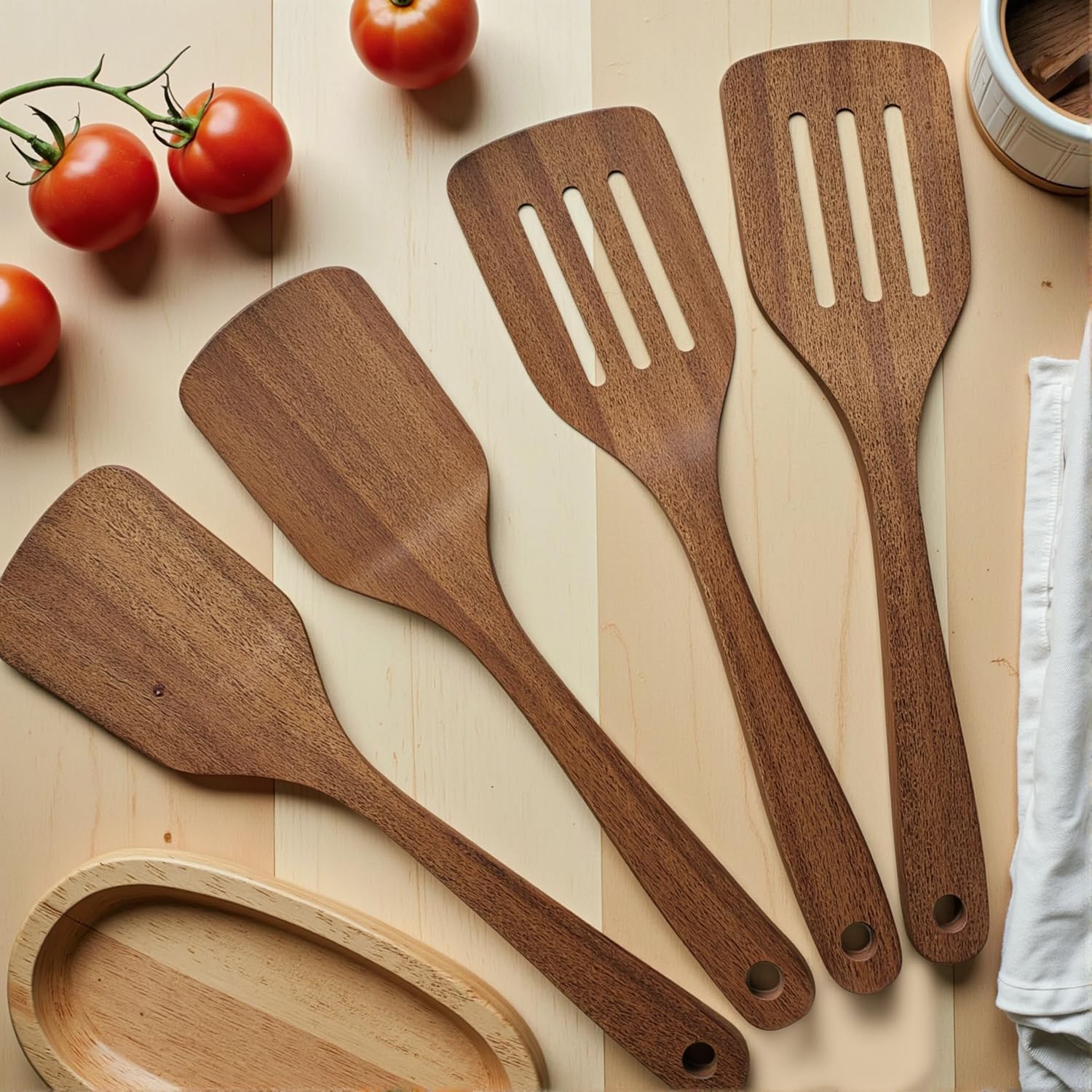 4 Pack Wooden Spatula for Cooking, Non-stick Turner Acacia Wood Spatula for Kitchen Use, Handmade Non-Toxic Cooking Spatula Set
