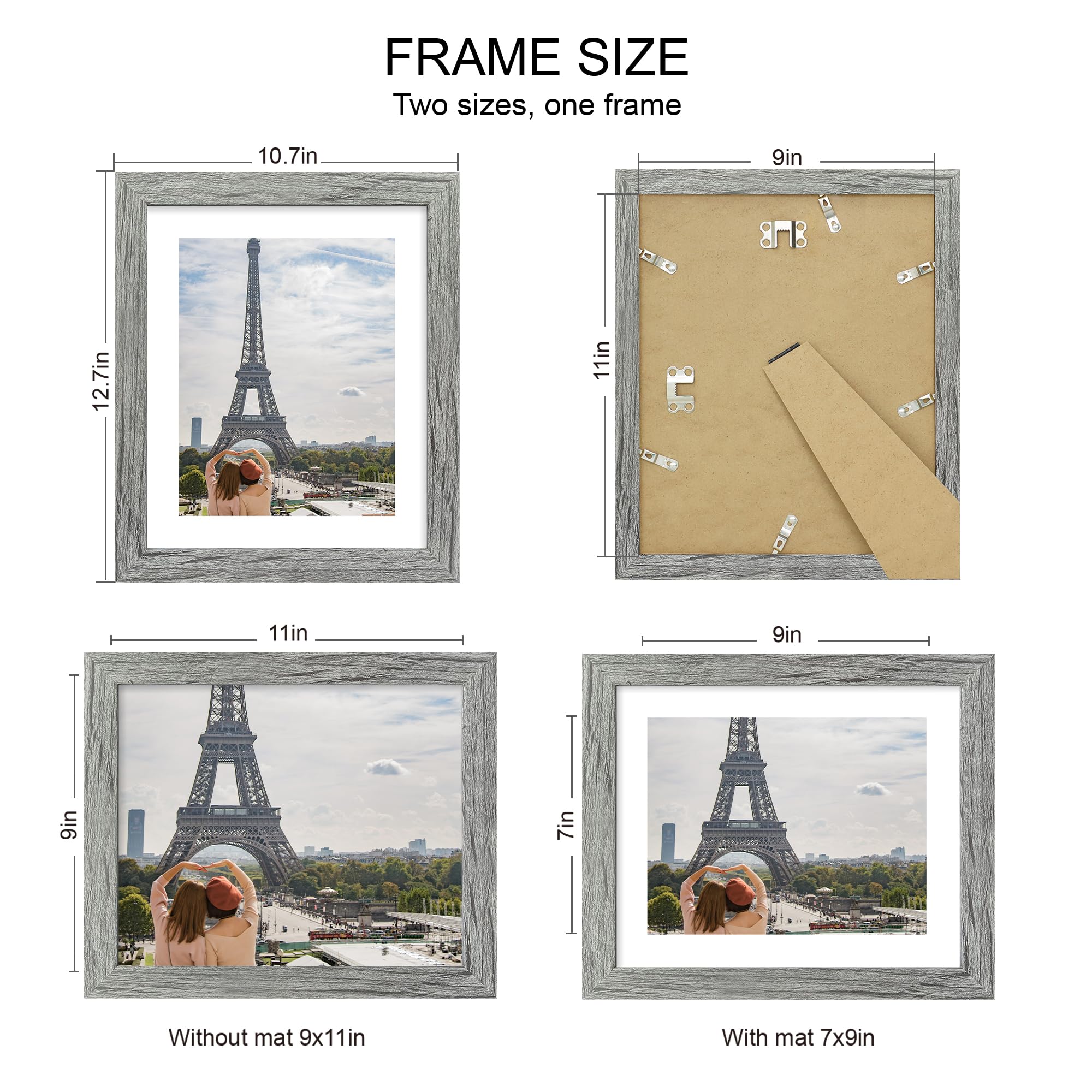 Hongkee 9x11 Picture Frame Set of 4, Made of Real Glass and Grey Frame - Display Picture 7x9 with Mat or 9x11 Without Mat, 9 by