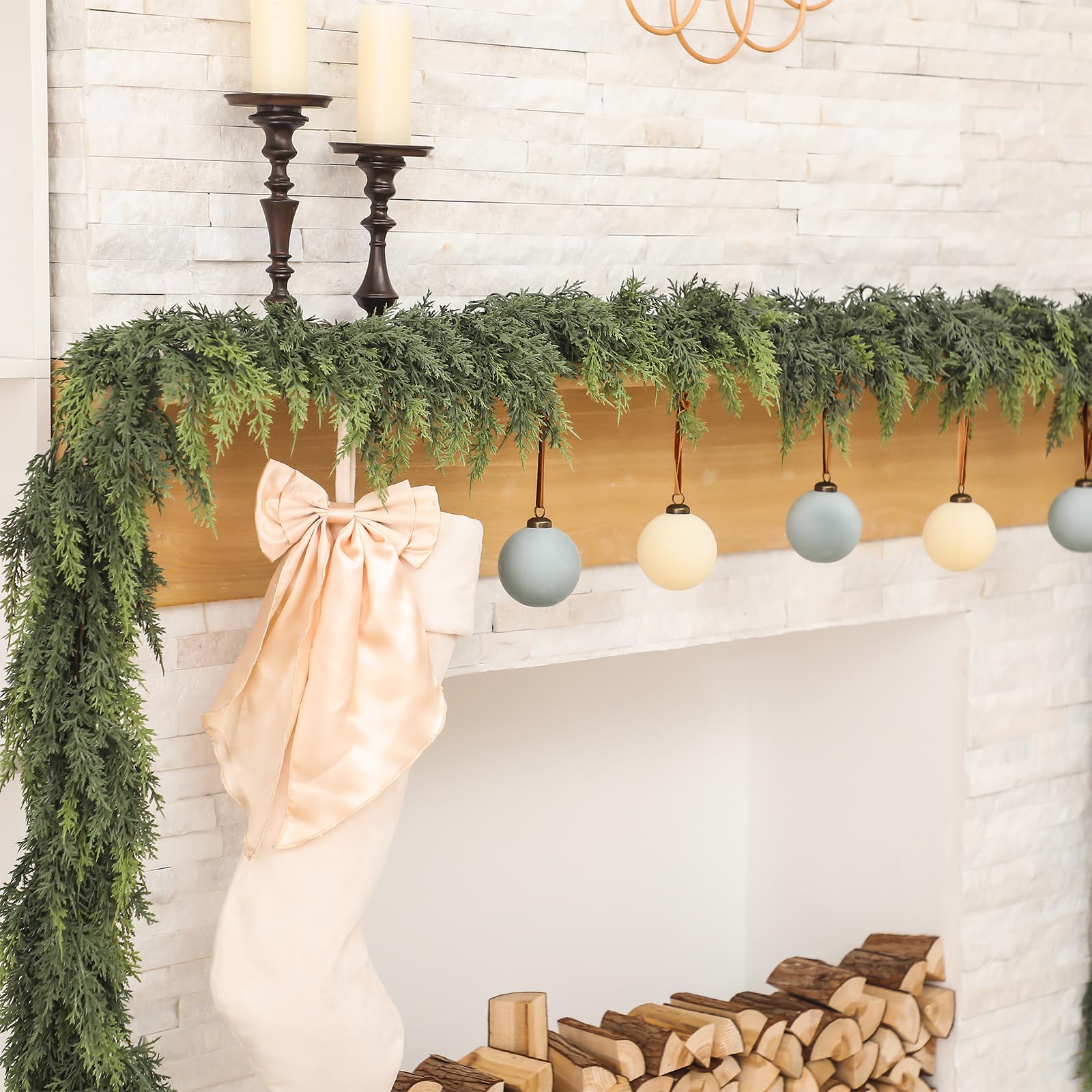 Jutom 2 Pcs 9 ft Christmas Cedar Garland - Dual Green Realistic Cedar Pine Needles Garland Artificial Decoration for Table, Mant