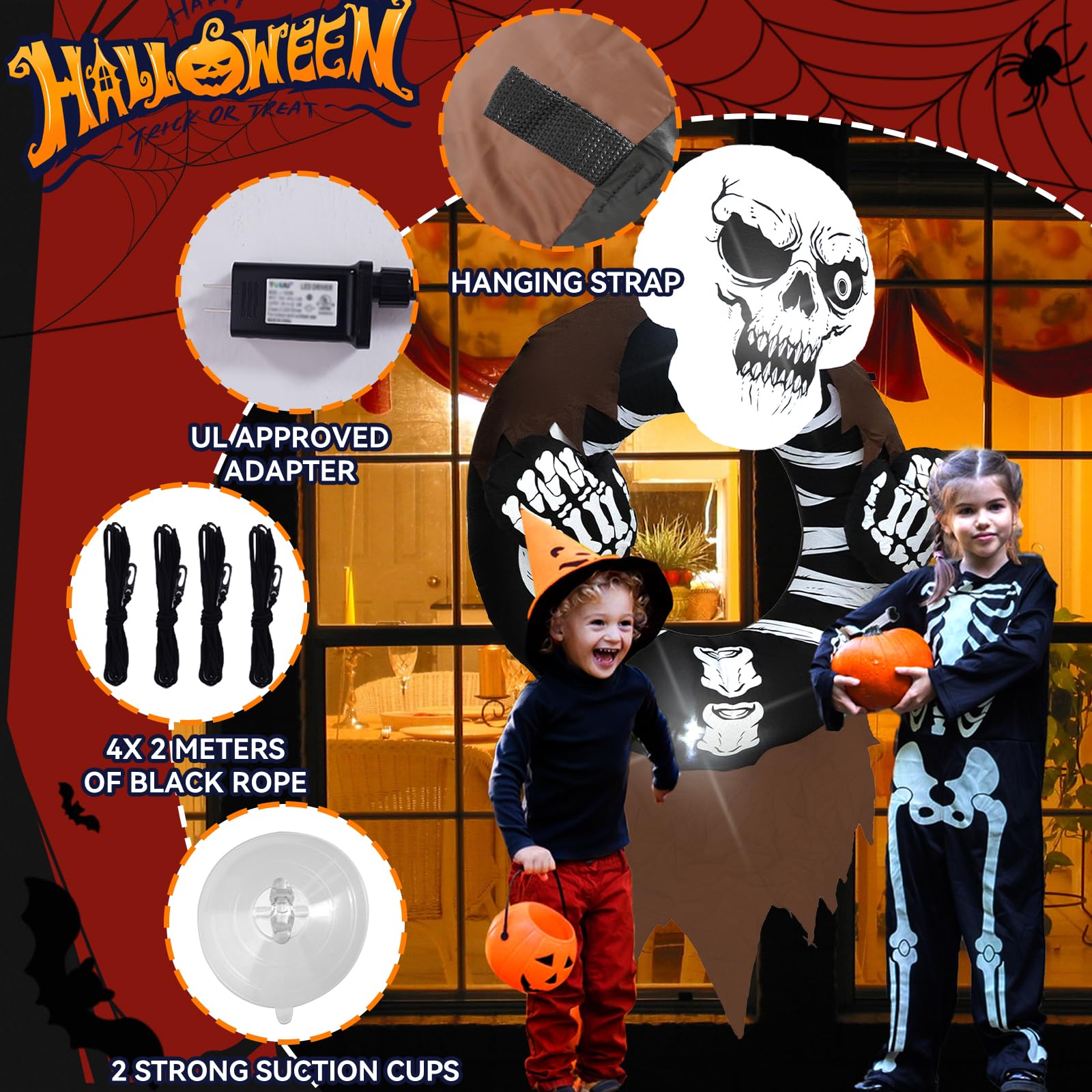 Halloween Inflatable, SHDEJTG 7FT Skull Wreath Inflatable Decoration, with Suction Cup and Hanging Rope, with LED Lights Built-i