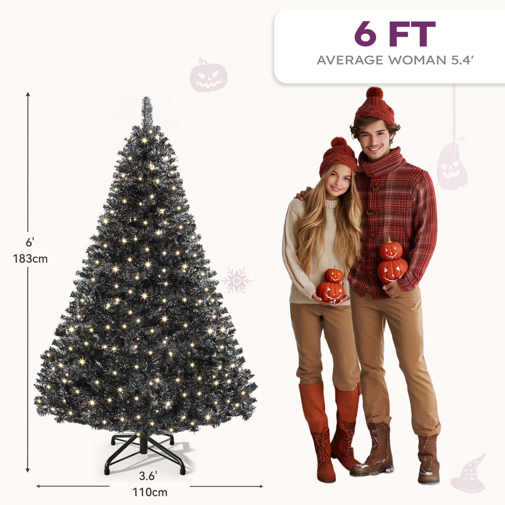 YITAHOME 6ft Prelit Black Artificial Christmas Tree with Remote Control, Hinged Christmas Tree Pine Tree for Home, Office, Party
