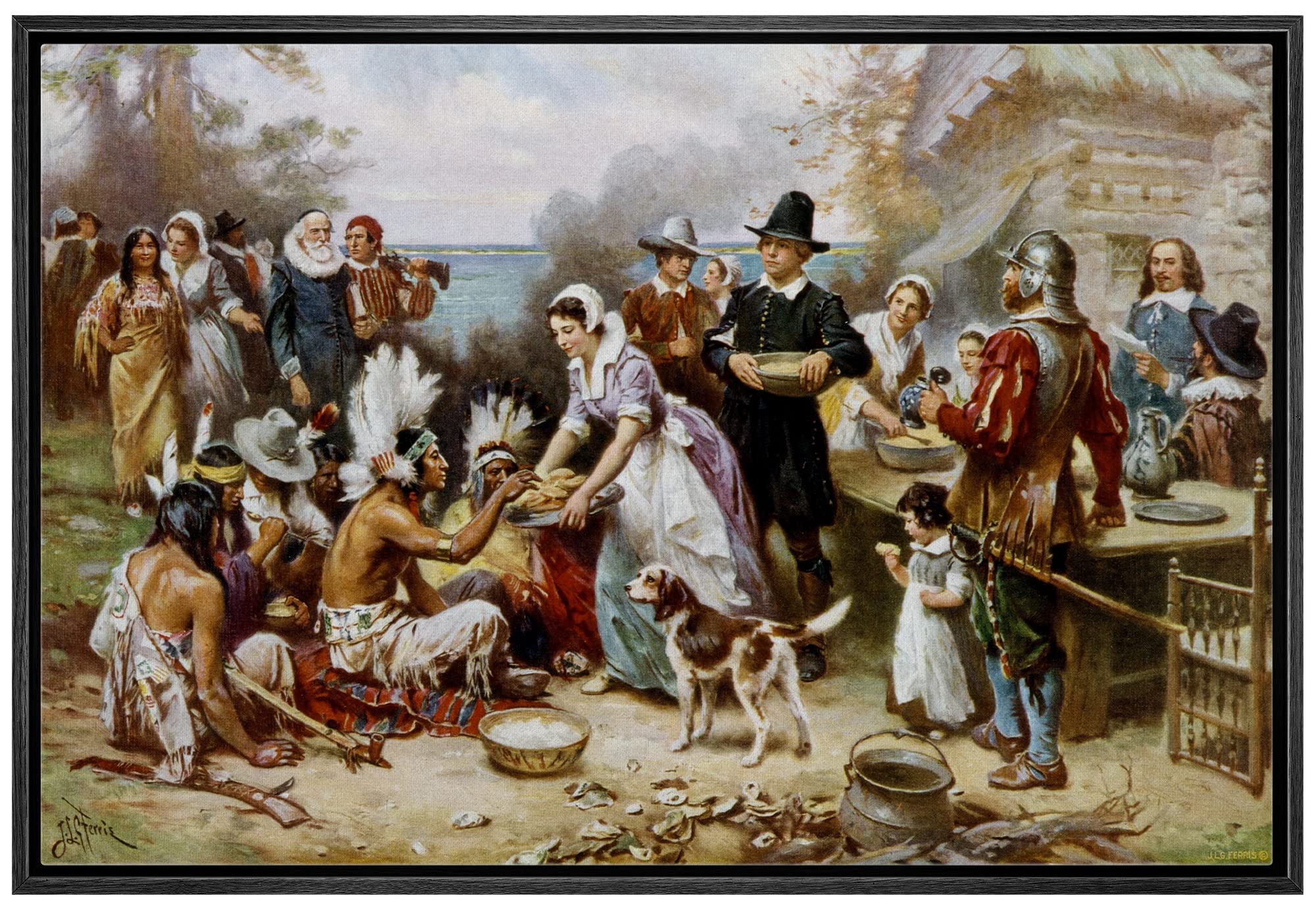 Wall26 - The First Thanksgiving By Jean Leon Gerome Ferris - Framed Canvas Print Wall Art Famous Painting Reproduction - 24''X36