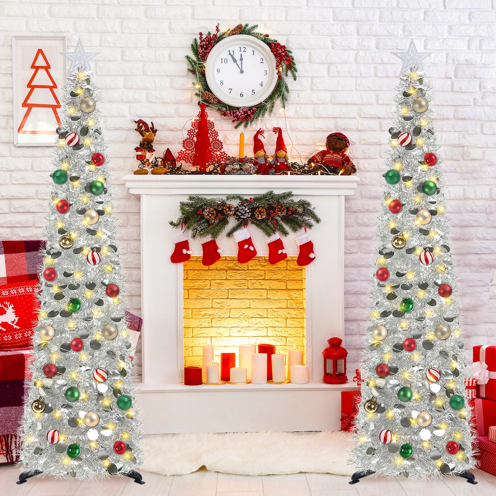 SINTENILL 5 FT Pop Up Christmas Tree with Timer Lights and Decorations, Silver Artificial Tinsel Christmas Tree with 24 Ball Orn