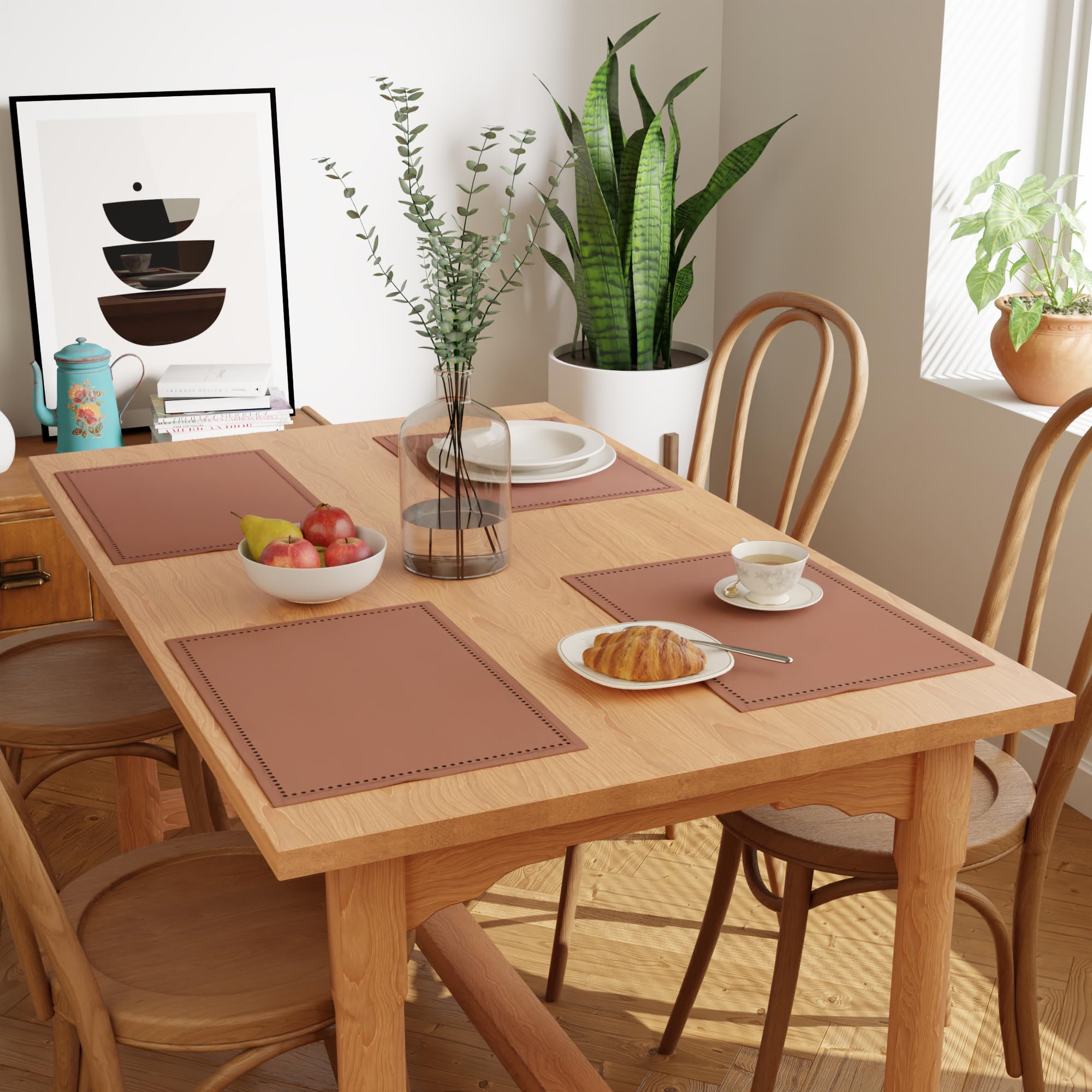 Encasa Homes 100% Pure Cotton Hemstitched Dining Table Placemats Of Size (Rectangular) - Tan - Set Of 4 | Perfect For Party, Hom