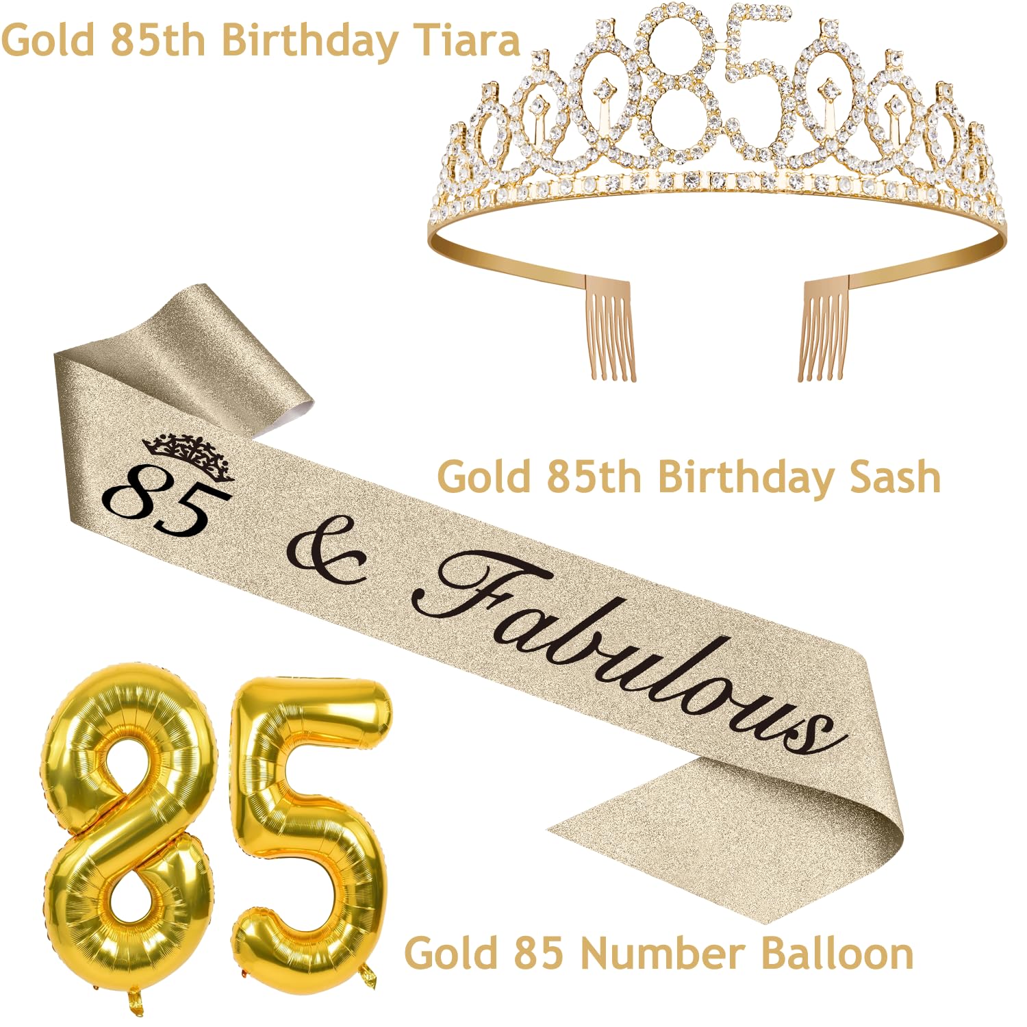 85Th Birthday Decorations For Women Gold With 85Th Birthday Sash And Tiara, 85Th Birthday Cake Topper And Birthday 85 Candles, B
