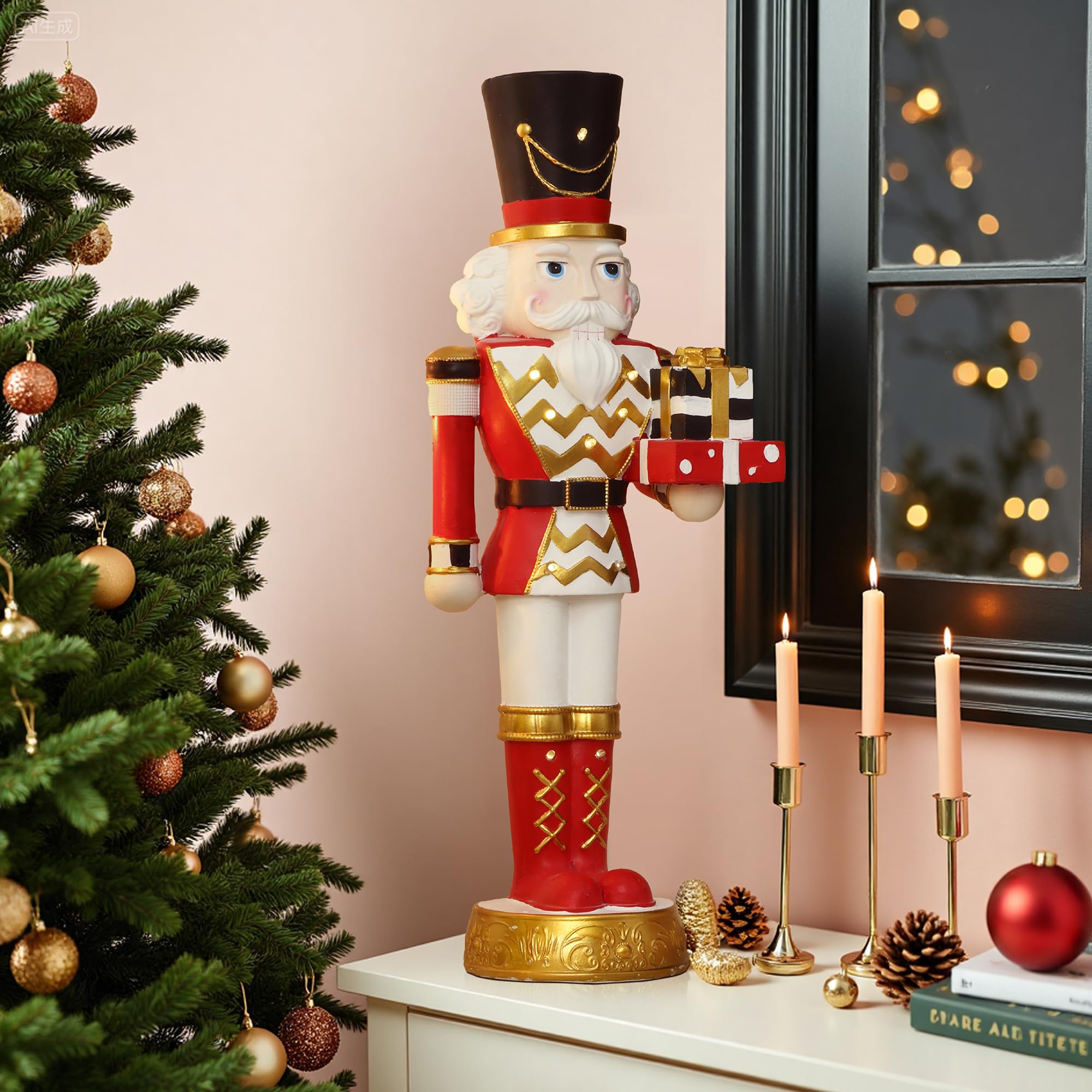LuxenHome 2FT Tall Nutcracker Christmas Decoration, Large Holiday Nutcracker Soldier Statue with Gift Box, Lighted Figures Chris
