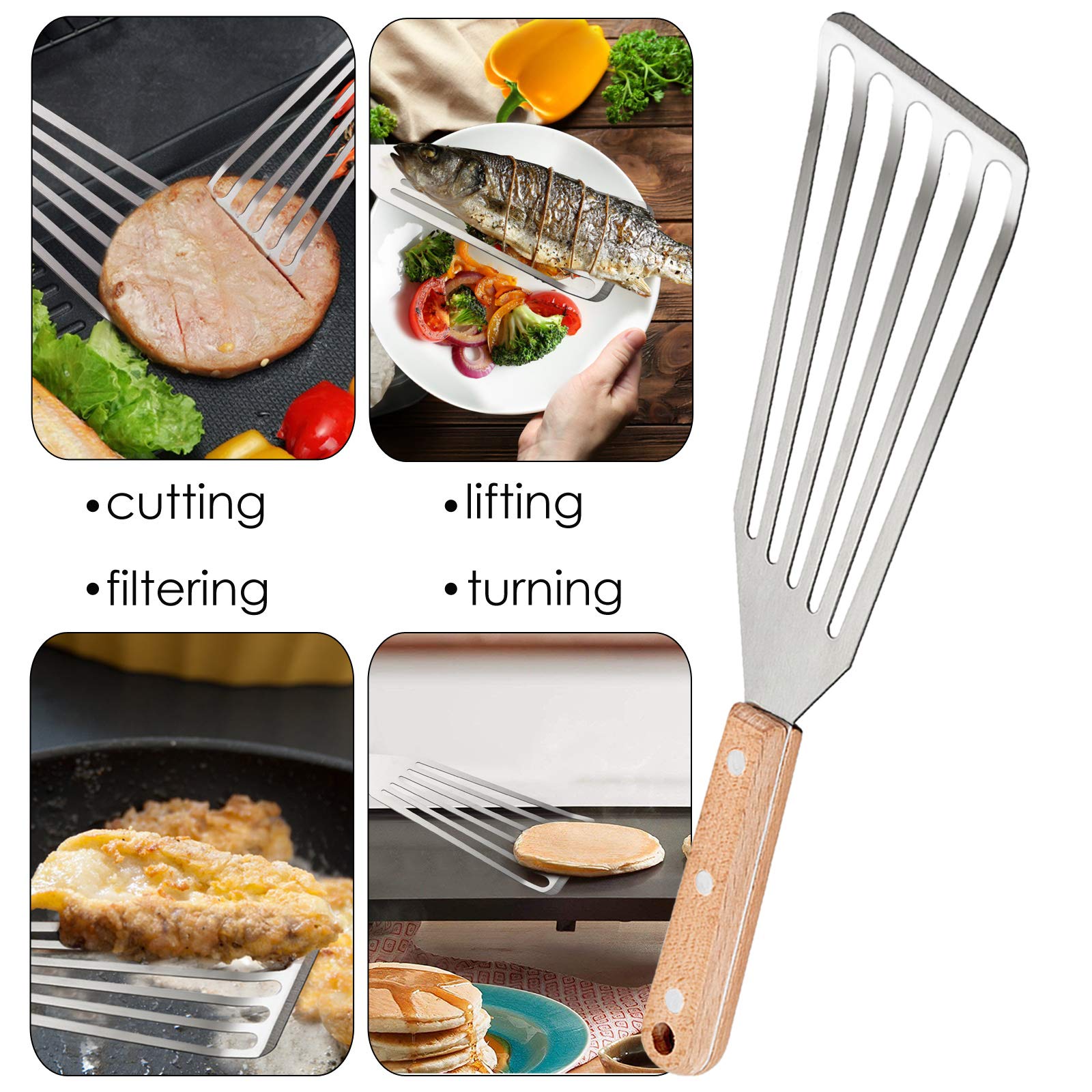 Fish Spatula Set Of 2, Hasteel Stainless Steel Slotted Spatula Turner With Riveted Wooden Handle, Professional Metal Spatulas Gr