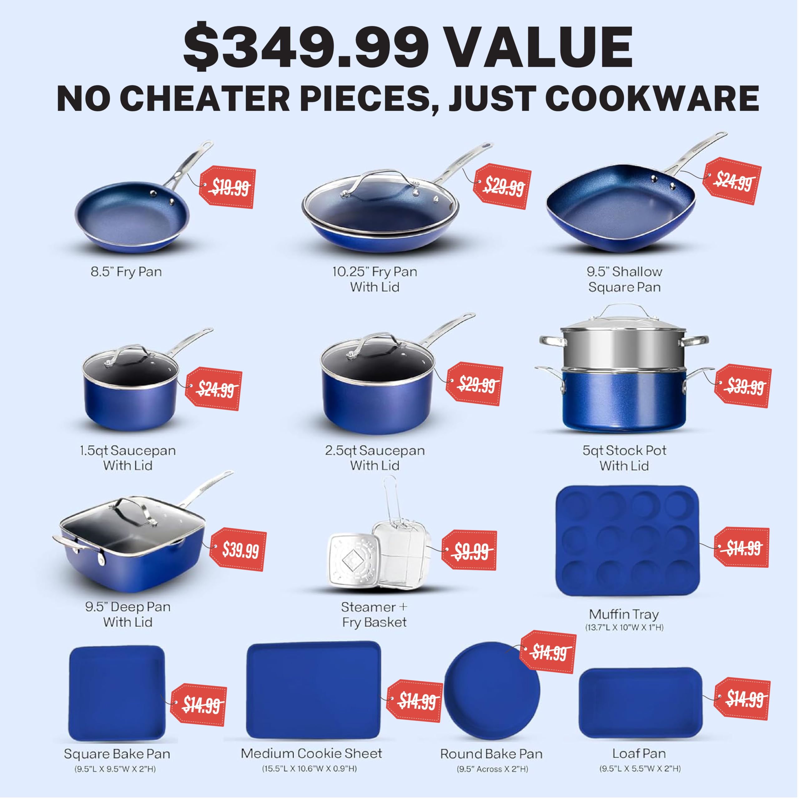 Granitestone 20 Pc Non-Stick Cookware Set, PFOA Free, Blue, Includes Pots, Pans, and Bakeware, Oven & Dishwasher Safe