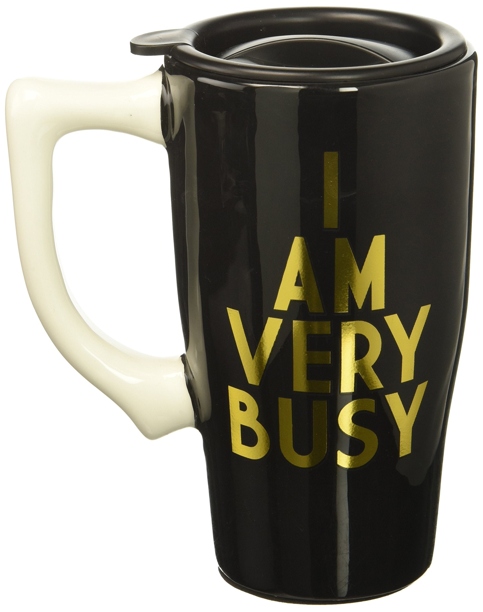Spoontiques 12801 I Am Very Busy Ceramic Travel Mug, Black/Gold, 18 ounce
