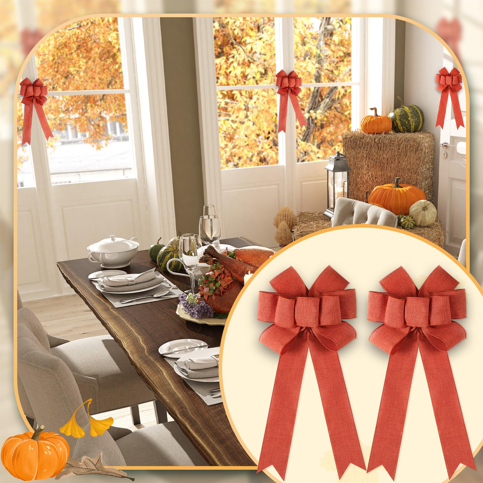 Yinkin 2 Pack 8 Fall Wreath Bow Burnt Orange Rustic Thanksgiving Burlap Bow Large Autumn Tree Topper Bow 14 Long Tails, Holiday