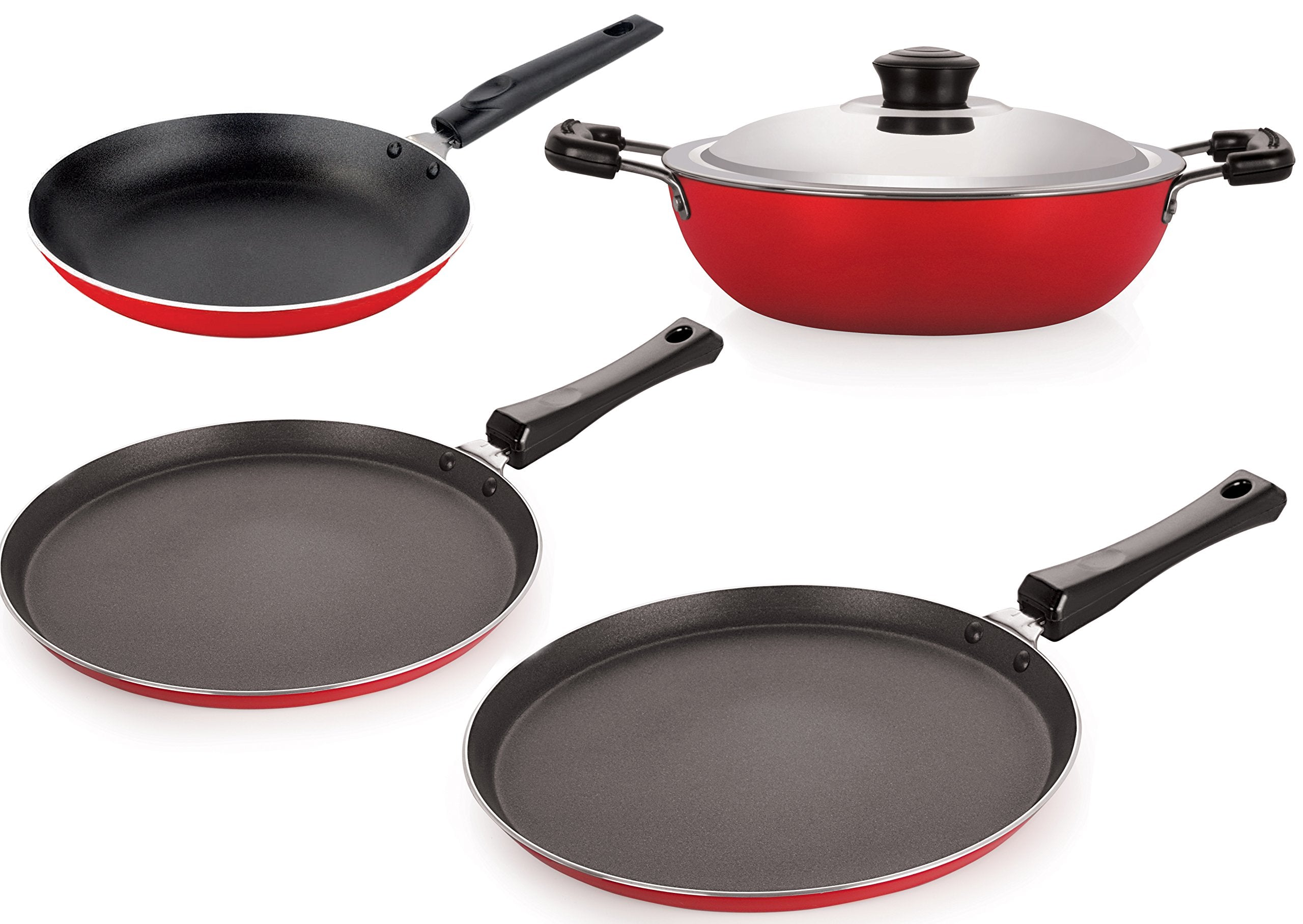 Nirlon NonStick Aluminium Cookware Set, 4Pieces, Red (26_Ft13_Dkdb_Tp_Ft11)