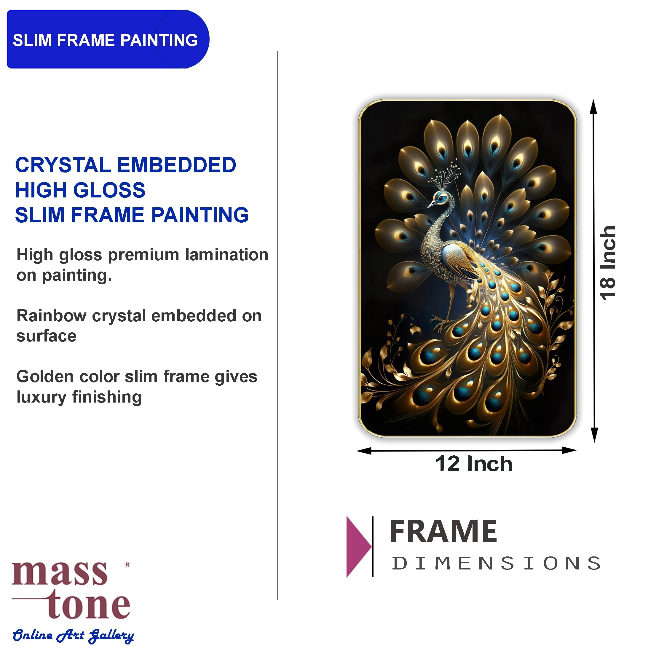 Masstone Peacock Golden Effect High Gloss Surface Golden Slim Frame, 45X30 Cm  Wall Art For Living Room, Bedroom, And Office Dco